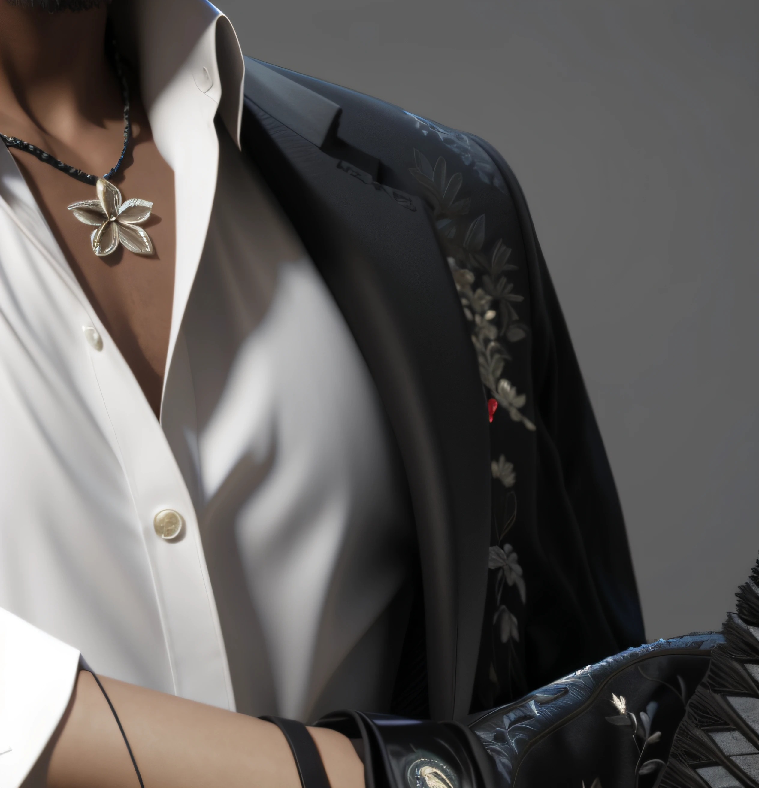 A man in a black suit with dark embroidery, gorgeous, sophisticated, understated, bloom, ((cold light)), sharp focus, photo realistic, detailed skin, background out of focus, cinematic composition , ultra-detailed, realistic , hyper-realistic , volumetric lighting, 8k, trending on artstation