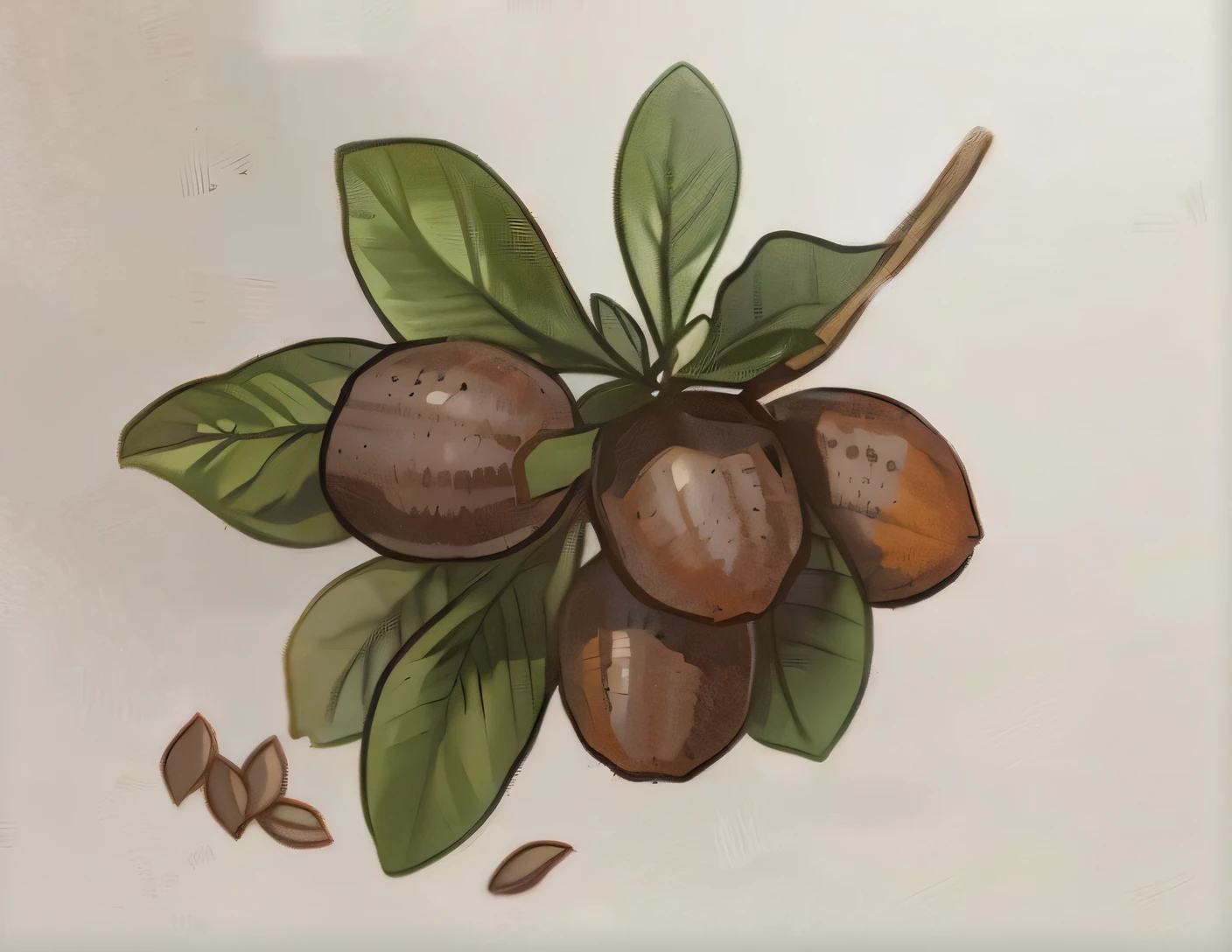 On the branch is a drawing of a bunch of tea seed oil fruits, finely detailed illustration, author：Ayako hexagon, botanical drawing, Botanical illustration, Shade of dark tan tone, colored pencil illustration, full color drawing, inspired by Kōno Bairei, inspired by Katsushika Ōi, high detail illustration, very flat shading, an illustration of, botanical art