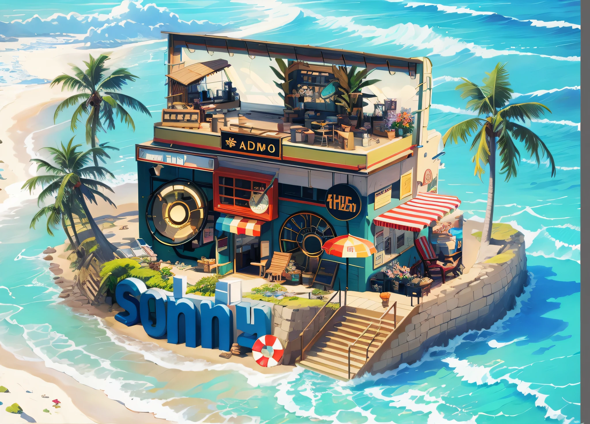Radio shop,,Located by the sea,sandbeach,Blue sky and white cloud background,Works of famous masters,Illustration style,Outstanding work