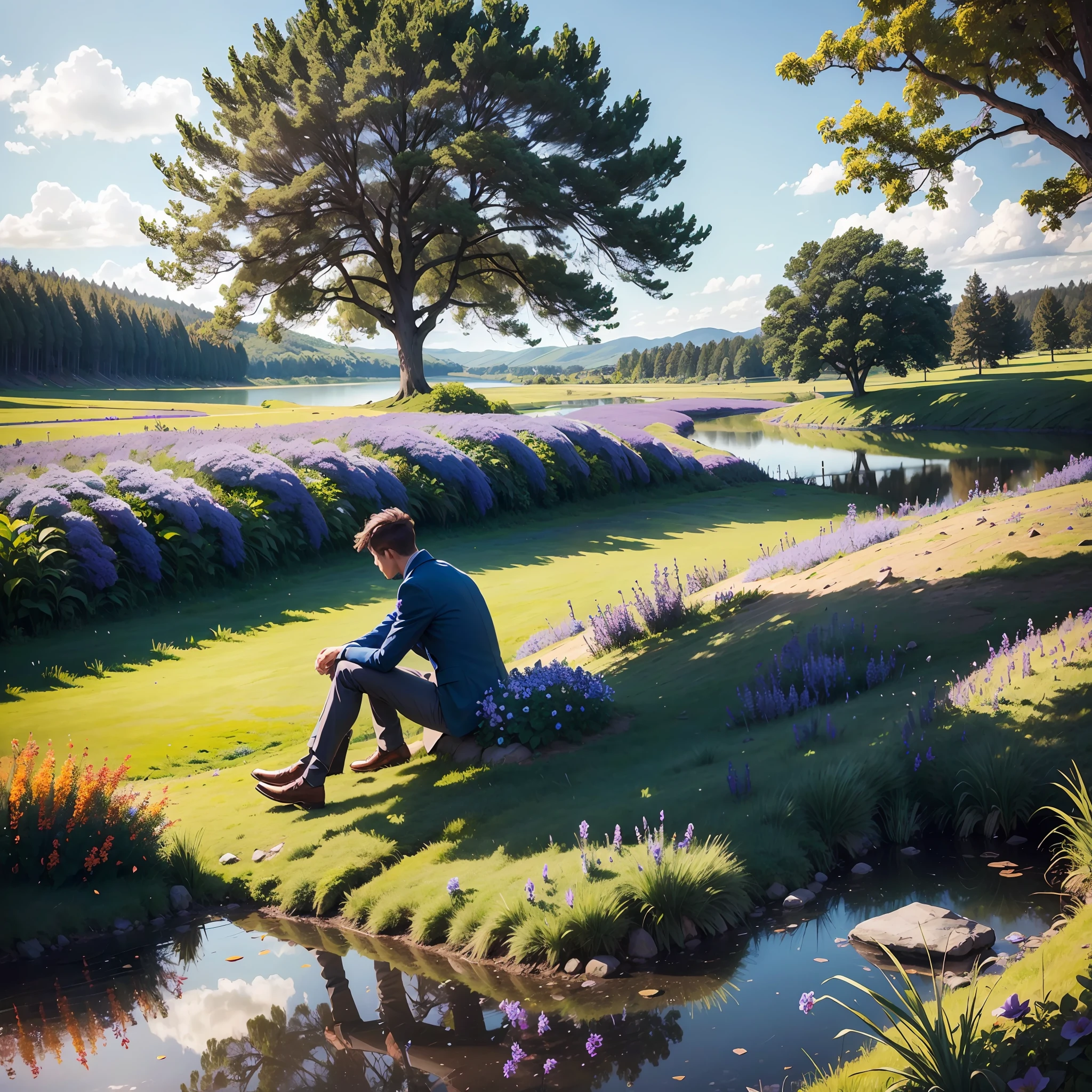 A Tree on hill, tree with lots of leaf, man sit alone, man in peace, blue sky, lots of grass, violet flowers, orange flowers, crystal flowers, dispersal flowers in prairie, 8K, realistic, sunshine in corner of picture, little lake among prairie, reflection in water