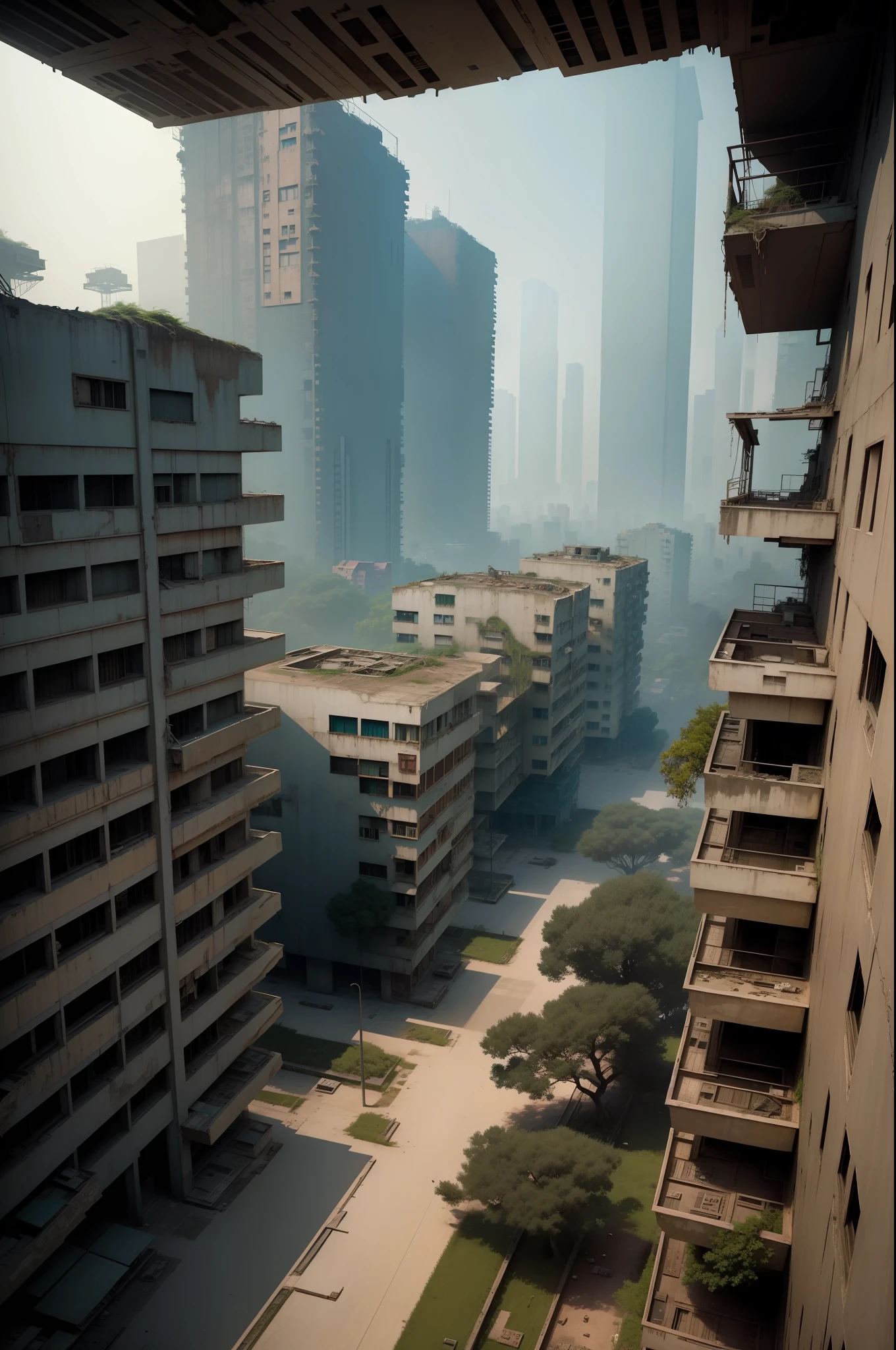 surreal architecture, Kowloon walled city style, surreal abandoned buildings, Kowloon Walled City, abandoned flying future city,