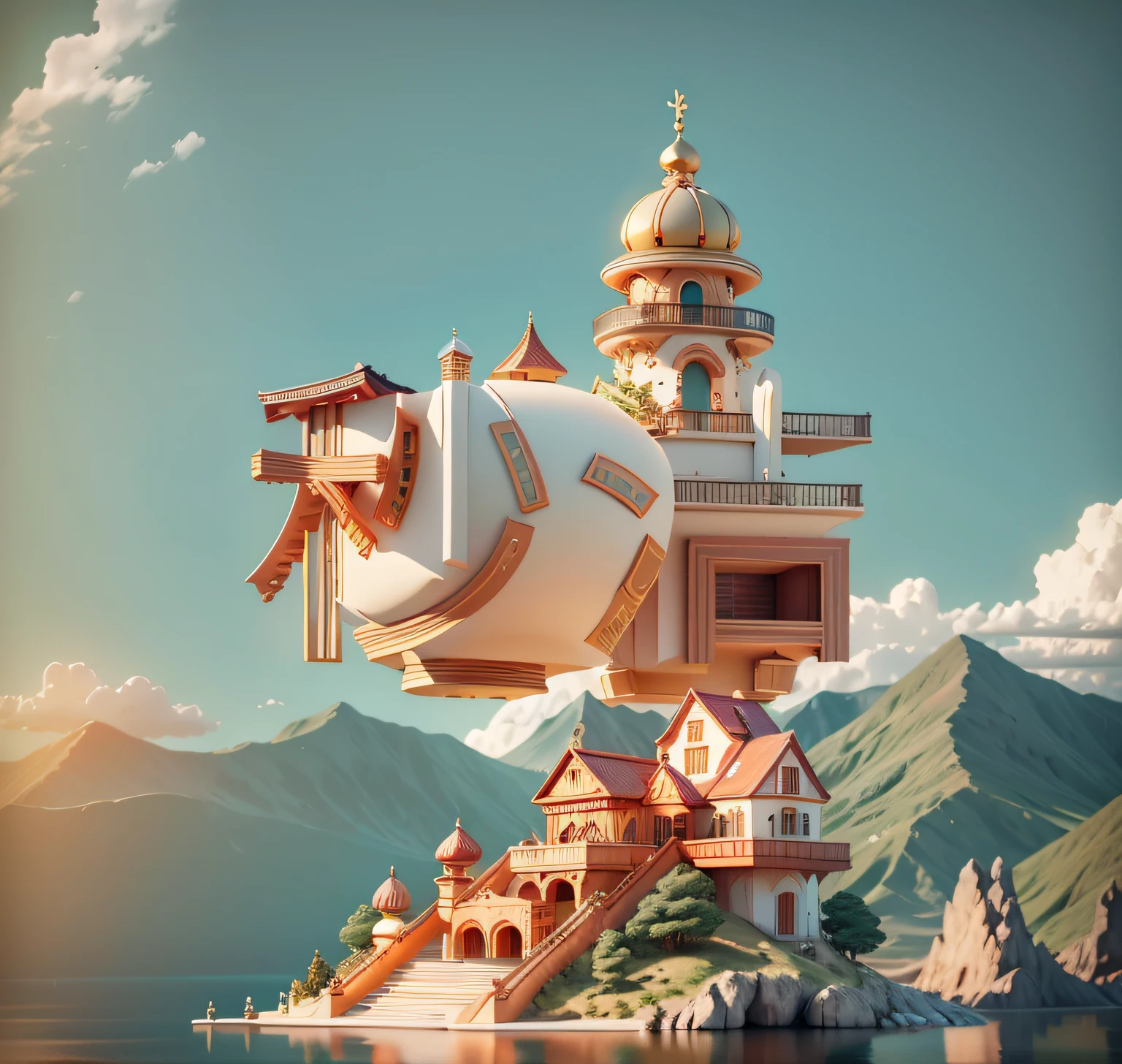 swell sea,Mountains,Pavilions,a warm color palette,3D