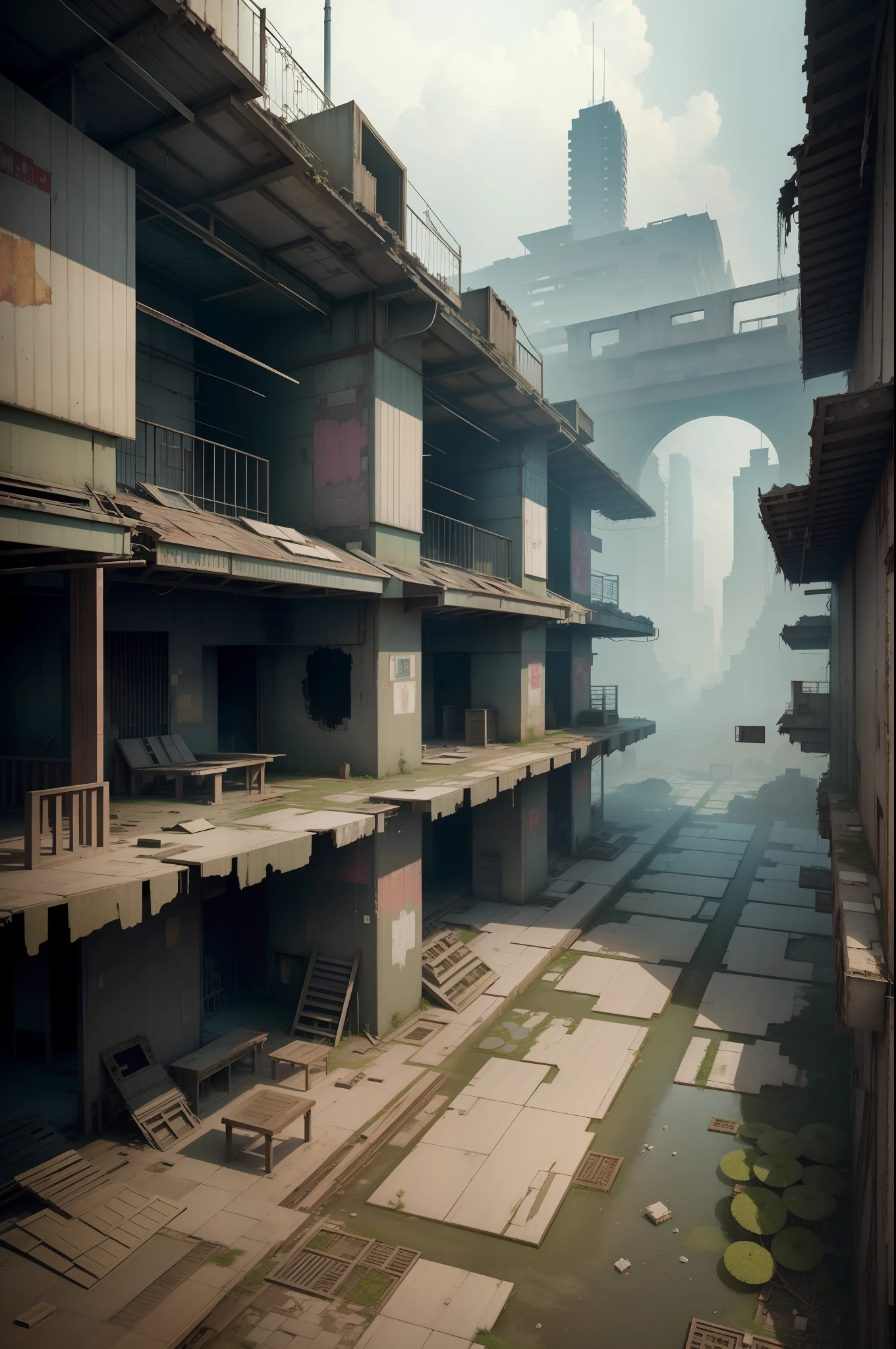 surreal architecture, kowloon walled city style, surreal abandoned buildings, Kowloon Walled City, abandoned flying future city,decrepit，Broken
