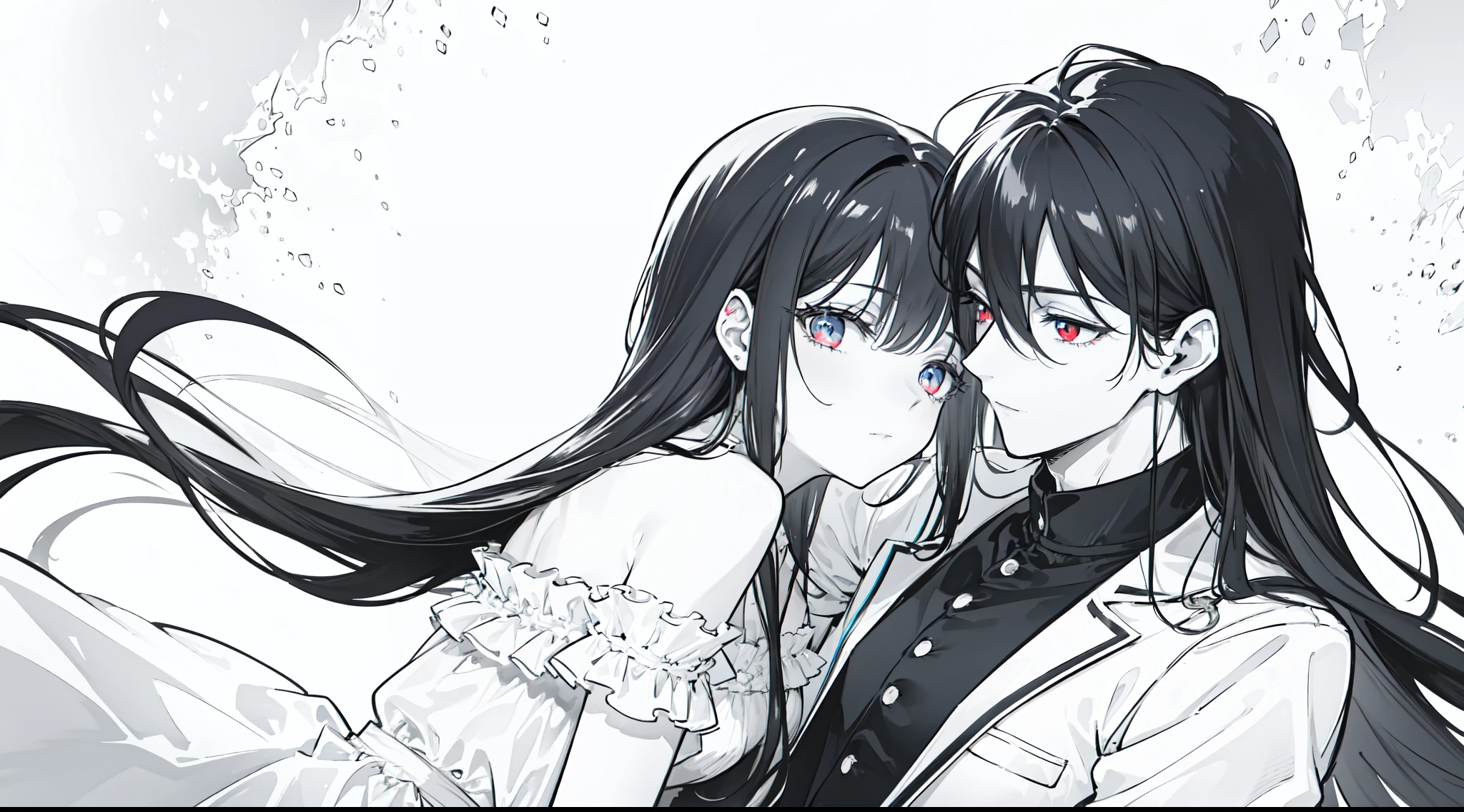 "4k monochromatic romantic fantasy scene: mature couple embracing tenderly. The man with black hair and blue eyes, and the woman with elegantly long black hair and mesmerizing red eyes. (Monochromatic:1:1, ultra hd, 4k)"