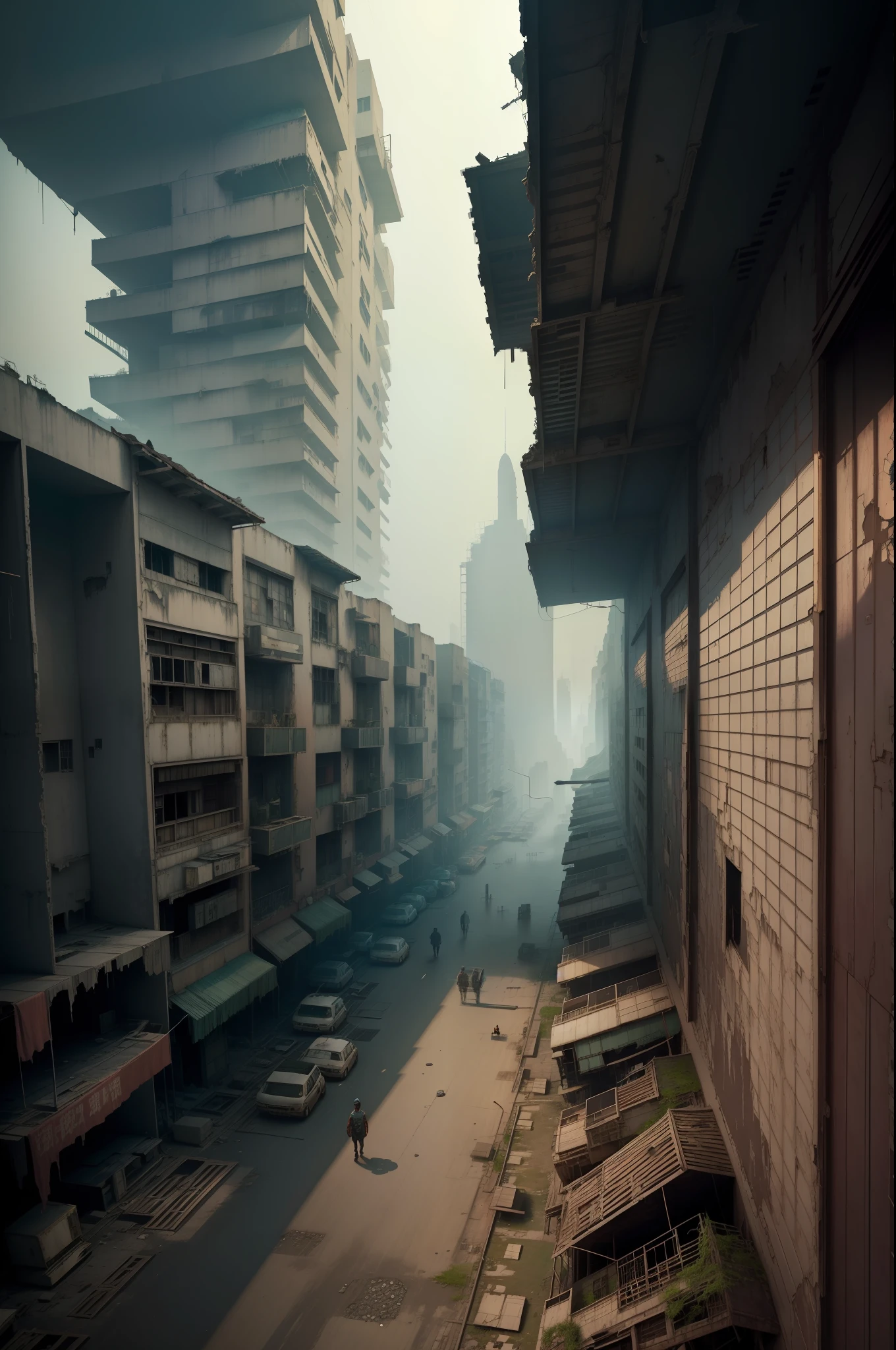 surreal architecture, kowloon walled city style, surreal abandoned buildings, Kowloon Walled City, abandoned flying future city,decrepit，Broken，Armageddon