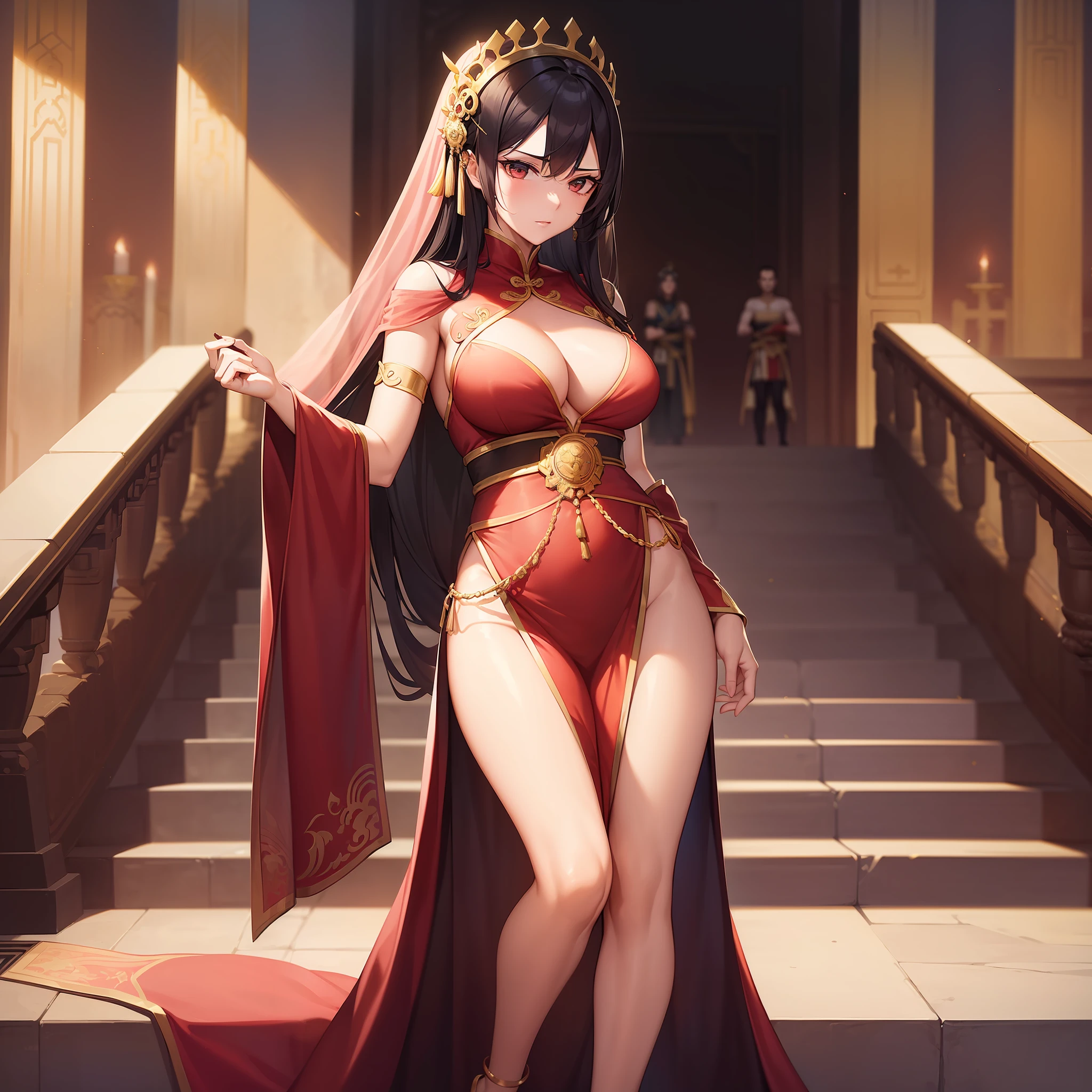 a girl (beautiful, sexy, slim body, radiant skin, age 22, height 170) wearing an ancient Chinese royal gown (see-through, cleavage, bare thighs, holding a stick with a skull crest made of gold,bare belly ,covering breasts with pasties bra models ) walks in the aisle of the emperor's palace (down the stairs, 2 men palace guards of ancient kings looked on in amazement) haughty, full body, handsome , HD quality.