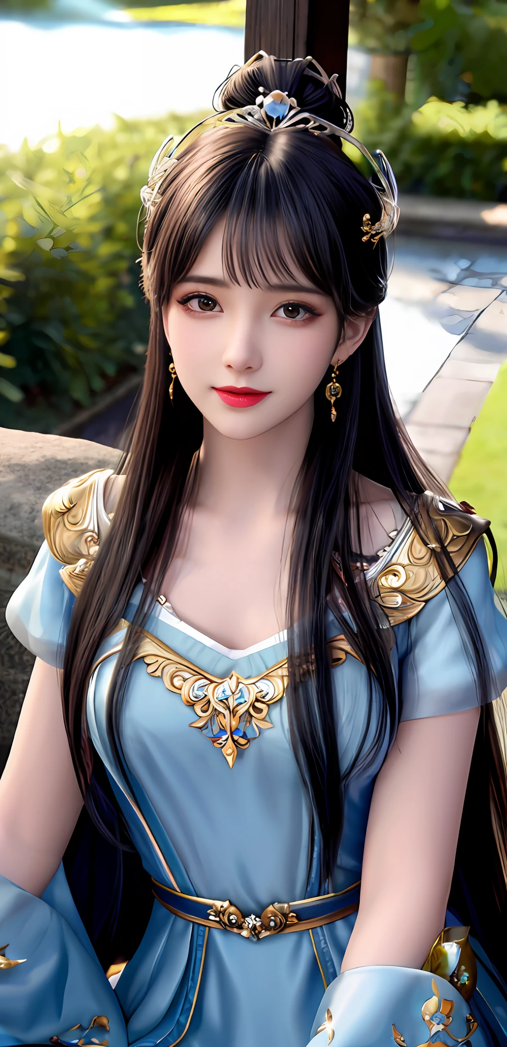 (realisticity: 1.2), best quality, 8K UHD, masterpiece, highres,cg,
1girl, queen, sword, sitting on a royal throne details, luxurious royal palace background, beautiful and detailed, long hair details, wearing a beautiful and luxurious crown filled with diamonds details, 
dress, solo, jewelry, red and blue dress details

, earrings,hair ornament details, splashing, upper body details, hair bun details, black hair details,
lighting,candid,Photograph,high resolution,4k,8k,Bokeh,