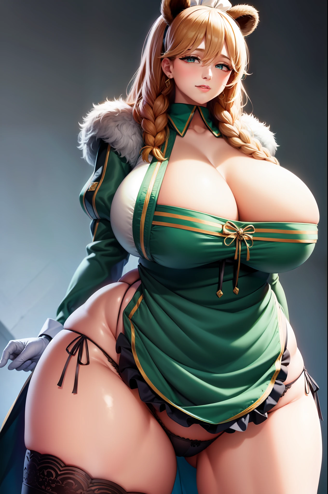 (masterpieve), (best quality), (ultra high res), beautiful detailed hair detailed face, perfect feminine face, ((frigga)), lost origin, (huge breasts:1.4), bear ears, fur trim, gloves, maid headdress, long sleeves, pantied, side-tie panties, black panties, string panties, hood, hoodie, gold trim, extra ears, animal ears, bear ears, frills, buttons