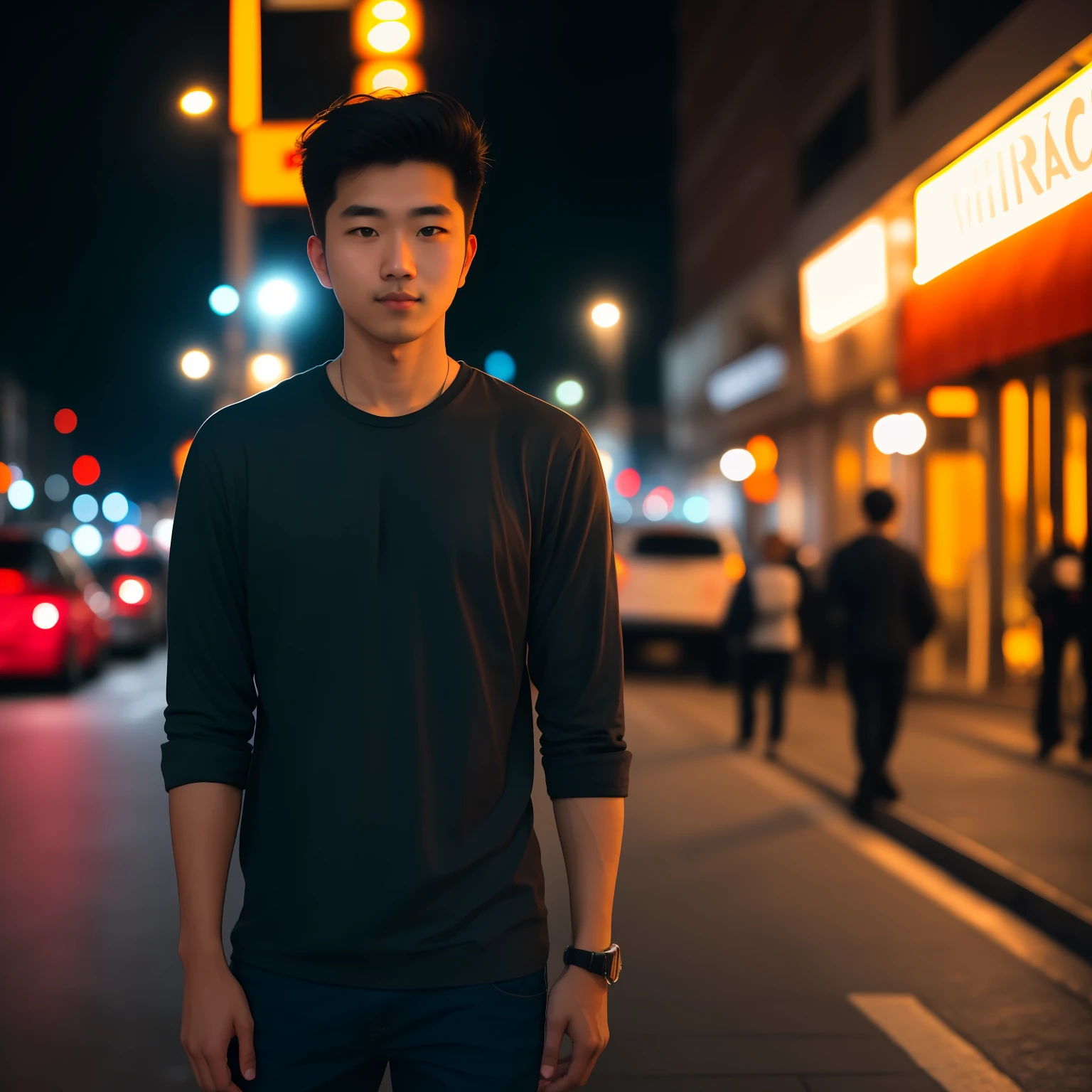 RAW photo, a portrait photo of 25 y.o man in casual clothes, night, city street, (high detailed skin:1.2), 8k uhd, dslr, soft lighting, high quality, film grain, Fujifilm XT3