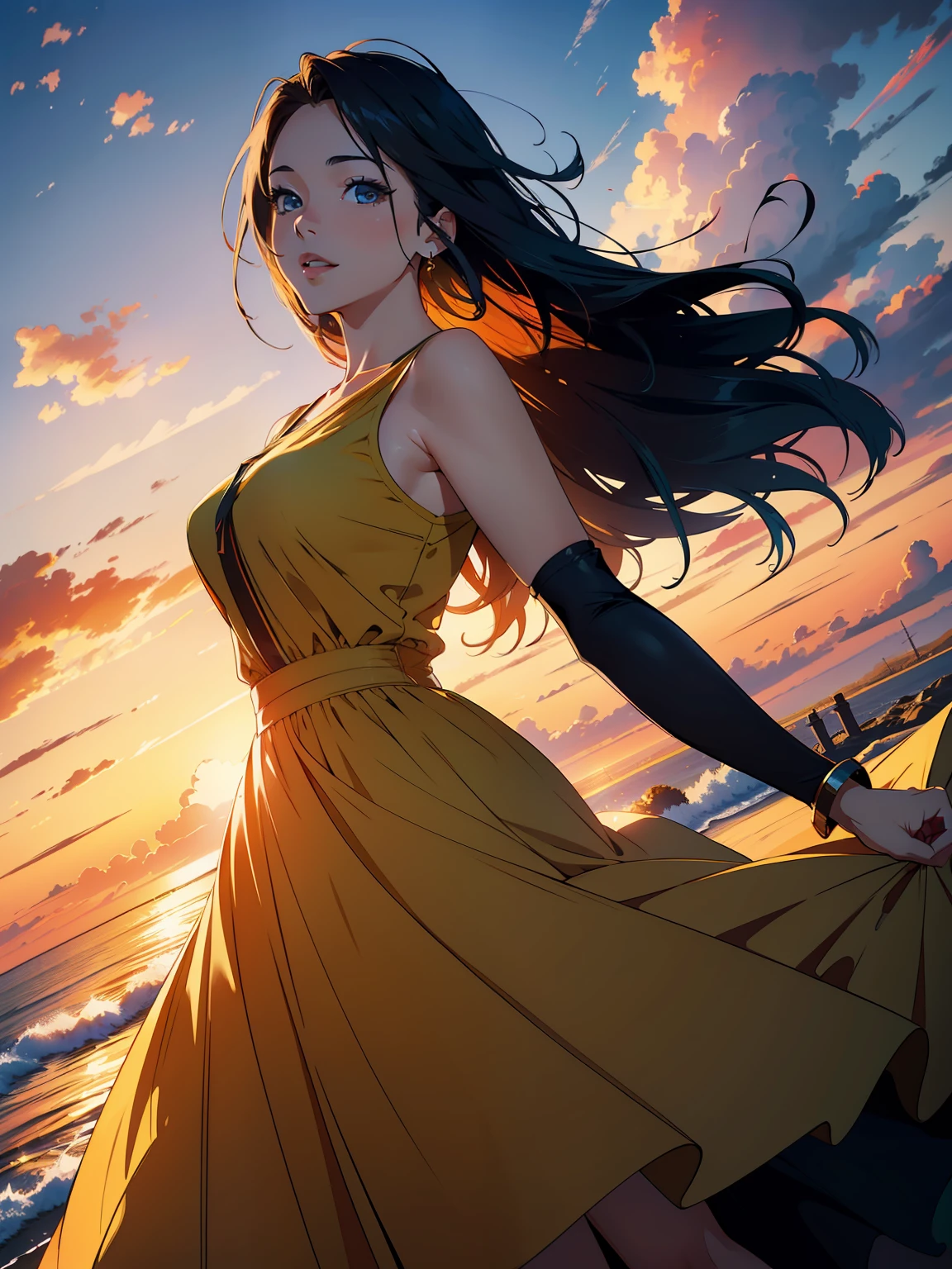 (extremely detailed and high resolution), masterpiece, beautiful colors, dynamic angle, (1 woman), expression of joy and freedom, colorful dress flowing in the wind, natural lighting, golden hour, blurred background, bokeh, landscape scenery.