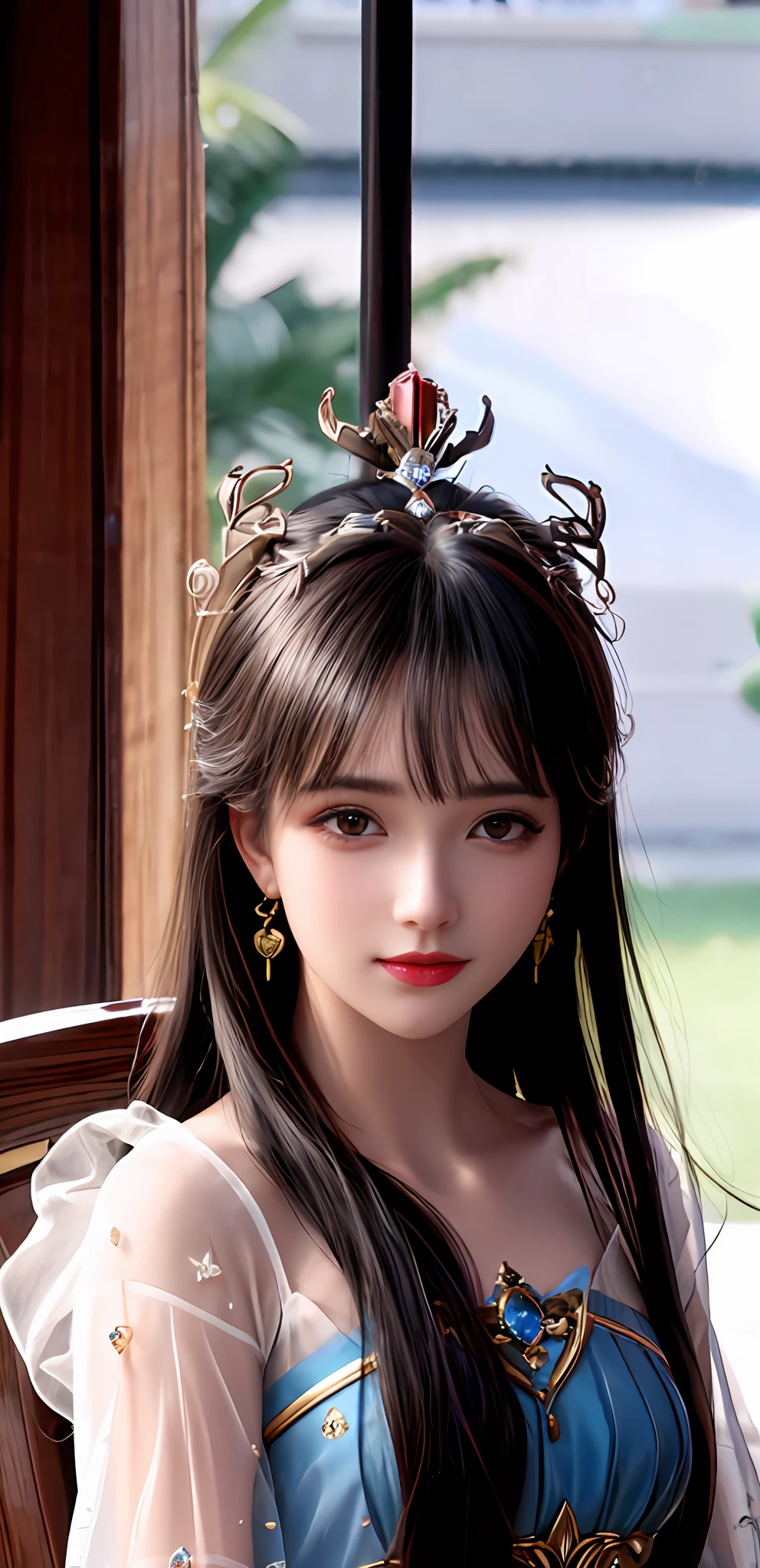 (realisticity: 1.2), best quality, 8K UHD, masterpiece, highres,cg,
1girl, queen, sword, sitting on a royal throne details, luxurious royal palace background, beautiful and detailed, long hair details, wearing a beautiful and luxurious crown filled with diamonds details,
dress, solo, jewelry, red and blue dress details
, earrings,hair ornament details, splashing, upper body details, hair bun details, black hair details,
lighting,candid,Photograph,high resolution,4k,8k,Bokeh,
