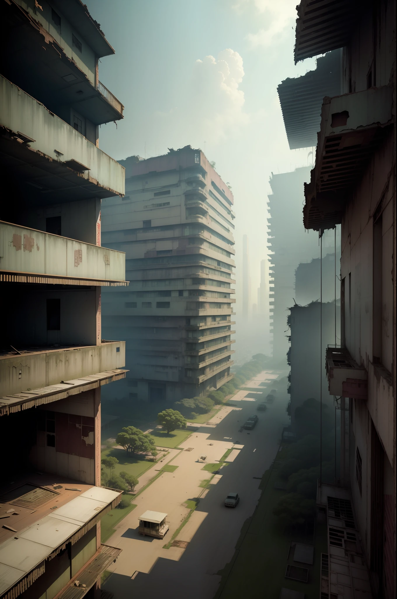 surreal architecture, kowloon walled city style, surreal abandoned buildings, Kowloon Walled City, abandoned flying future city,decrepit，Broken，Armageddon，Dilapidated building，Buildings full of plants