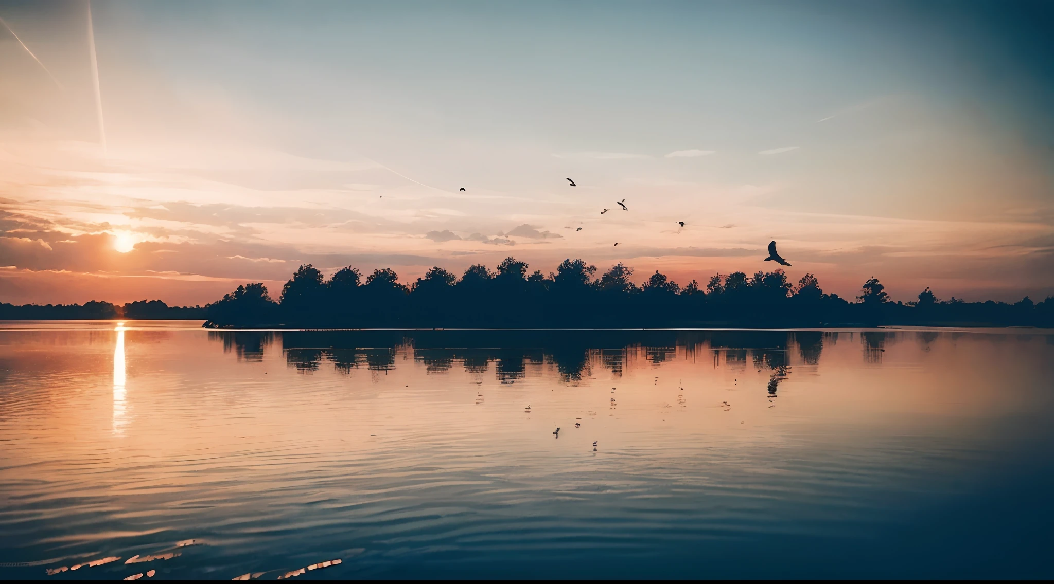 rosy clouds, the sunset, Mallard flying, autumnal, Water and sky are one and the same, ink wash style, raised fist, blend, projected inset, hyper HD, Masterpiece, ccurate, Textured skin, Super detail, High details, High quality, Award-Awarded, 8K, A high resolution