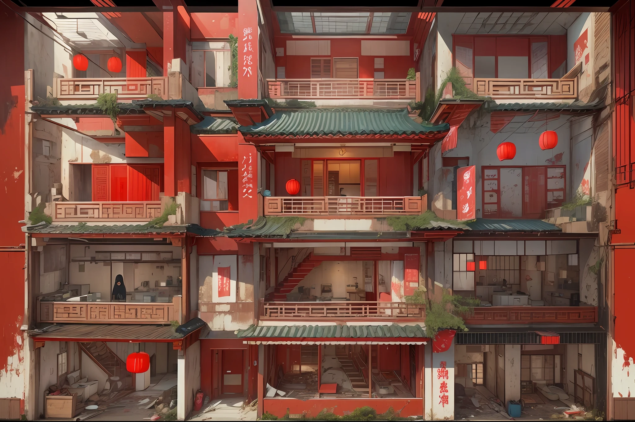 profile view(Interior of a four-story building)、Multiple dilapidated rooms are neatly arranged,Chinese horror style(Red wedding dress、Paper Man、Red lanterns),(Conceptual digital art,The is very detailed,reasonable design,Clear lines,k hd,The best quality,tmasterpiece,超高分辨率,4K)