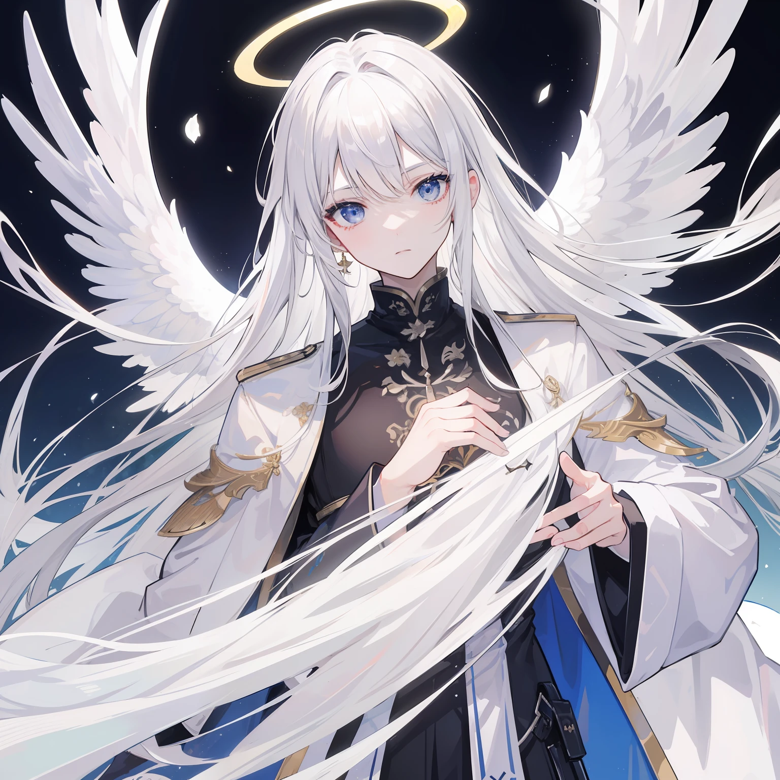 Fallen Angel。white hair。Handsome men。Neutral facial features。Halo。The background is the heavenly world。