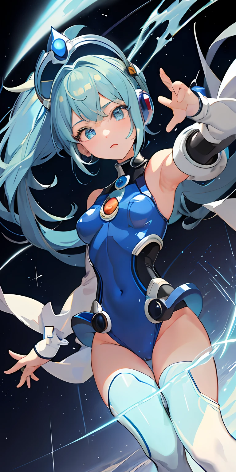 ultra-detailliert, illustratio, 1girl in, ((capcom：megaman))、Her eyes shone like dreamy stars(radiant eyes:1.233)、(beautifully detailed eyes:1.1)、(Close one eye)、(Targeting the enemy)、（Straighten your right arm forward、Supporting the right arm with the left hand）、 (Background of scrap sites dominated by machines)、[[Delicate fingers and hands:0.55]::0.85]、(detail finger)、（green grass、blanche、Light blue bodysuit）、（The right hand can hit the energy cannon、A state in which power accumulates and emits light）、（Open the legs、We are prepared to prevent the system from collapsing.）