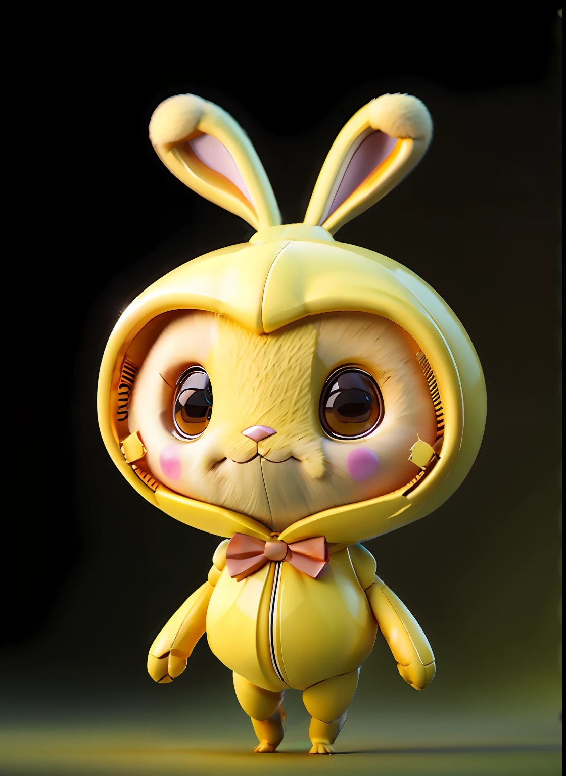 Smooth surface model，Close-up of yellow and white rabbit with bow tie，Cute！C4D，Rabbit character，3D Japanese mascot model，Hollow Knight's Bumblebee，Anthropomorphic rabbit in 3D rendering style。