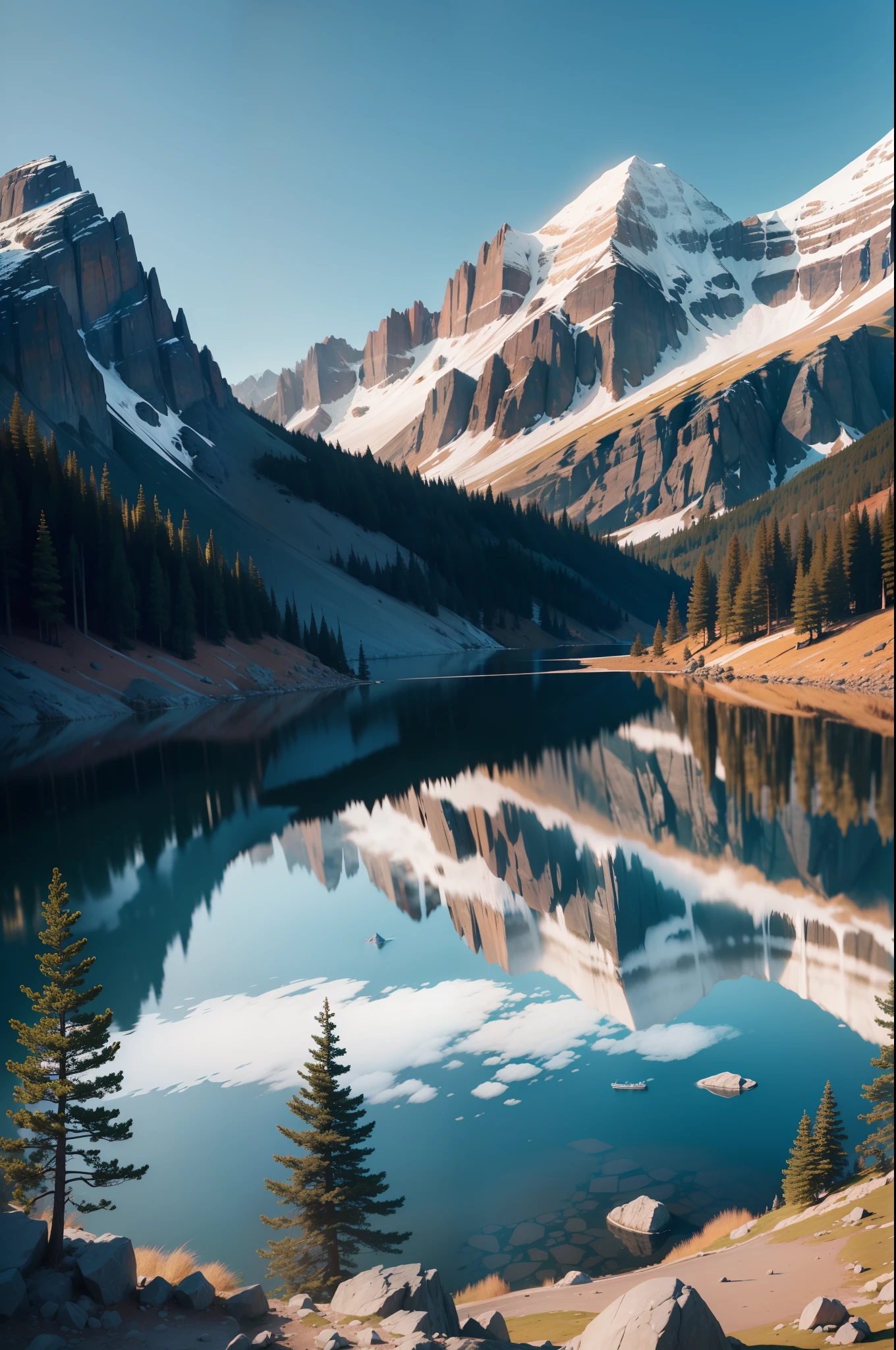 There is a lake on the mountain surrounded by rocks and trees, hiking in rocky mountain, mountain lakes, rocky lake shore, wide angle photo, landscape wide shot, near a small lake, Landscape photo, Lake in the background, beautiful lake in the foreground, mountain lake, wide wide shot, Lake environment, panoramicshooting, 35 mm photo, 35 mm photo