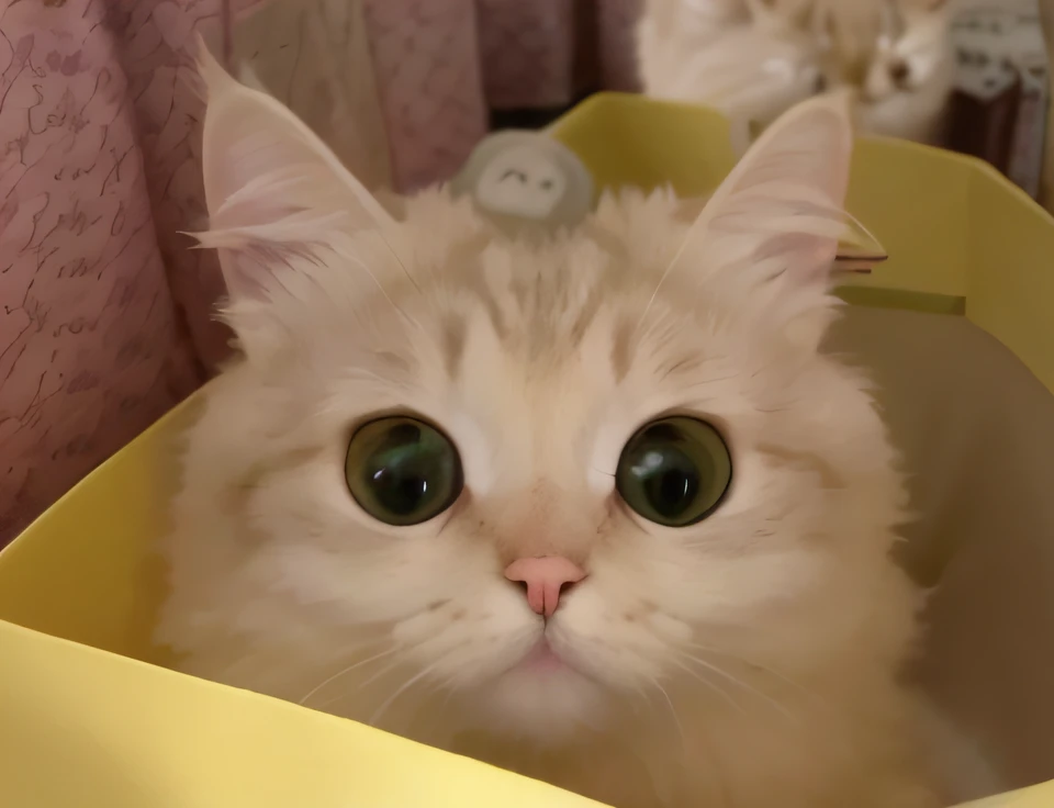 there is a cat that is sitting in a bag, with a big head，Big eyes, with cute doting eyes, adorable big eyes, Huge surprised eyes, big round cute eyes, largeeyes, A cute cat, very large eyes!, adorable big eyes, looks surprised, Kawaii cat, Cute cat, Big cute eyes, it has a piercing gaze