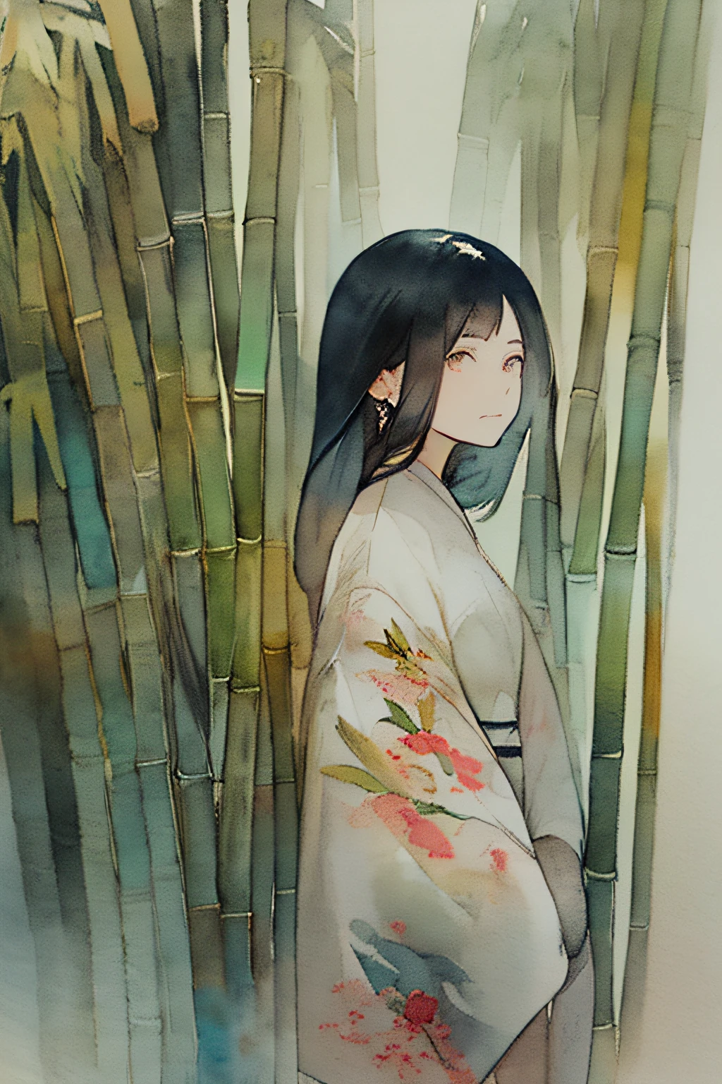 (aquarelle:1.2),1girl in, Ancient China、独奏, florals, portraitures, fronds, bangss,bamboo、 Black hair, length hair, verd s eyes, hair between eye, Fox Hair Ornament