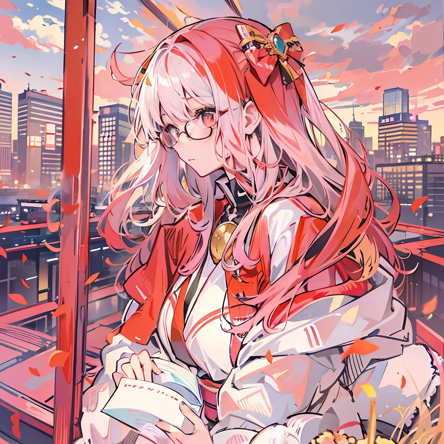 best qualtiy,tmasterpiece,one-girl,Red and white gradient hair,Lunette de soleil,Gentle big sister,Manteau,Japanese manga style,quadratic element