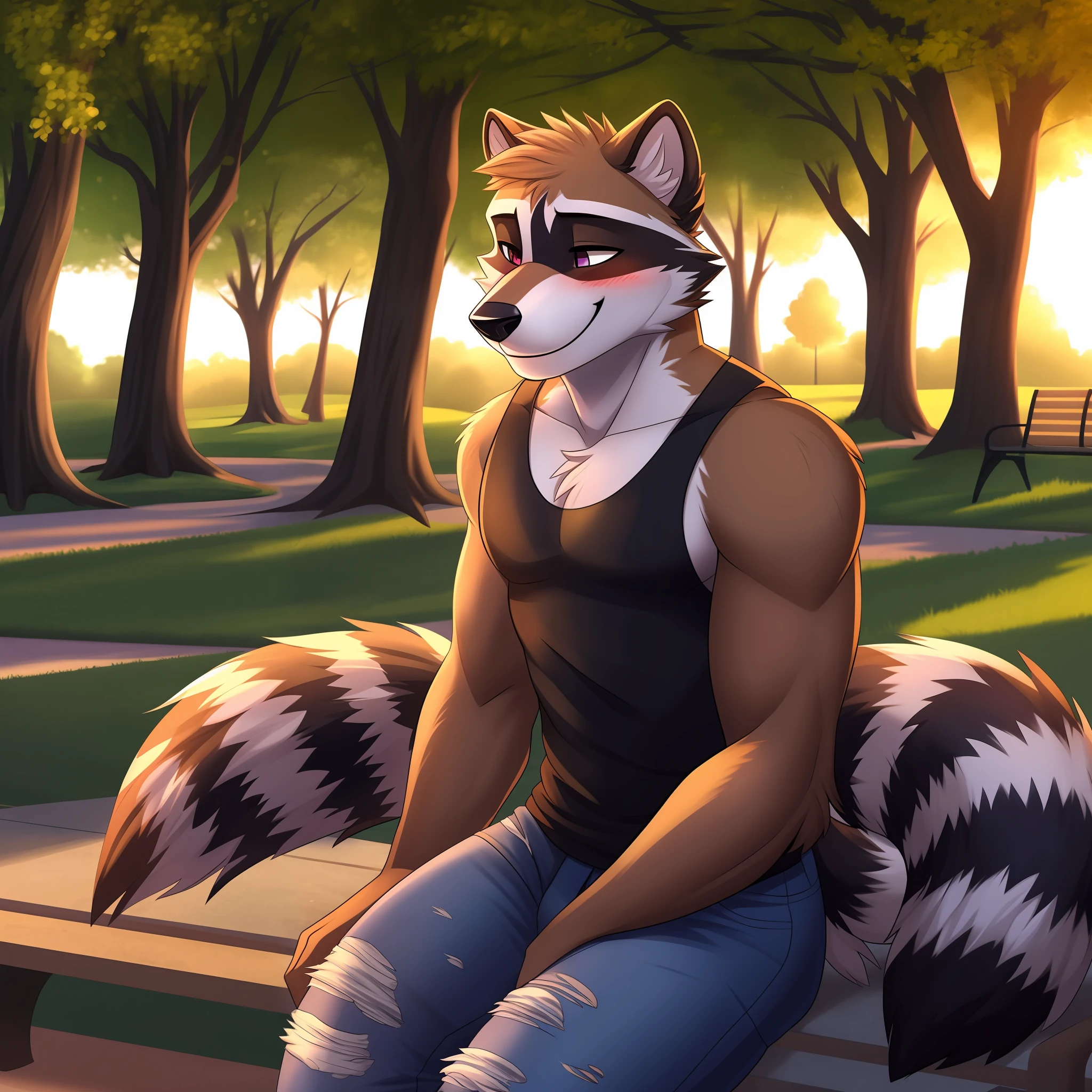 male, solo, anthro, Raccoon, (ripped jeans), blushing, smile, (closed eyes), (tank top), park, detailed lighting