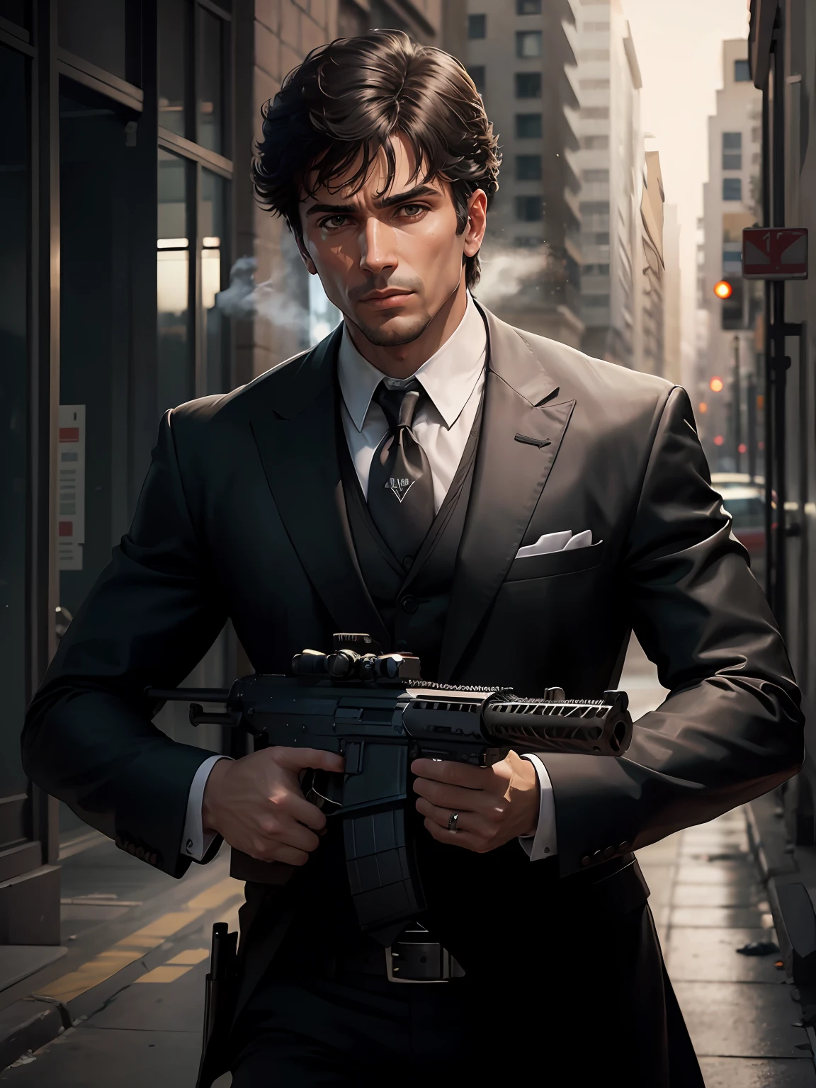 male focus, tony montana, suit and tie, aiming and firing and assault rifle, m16, police shootout
