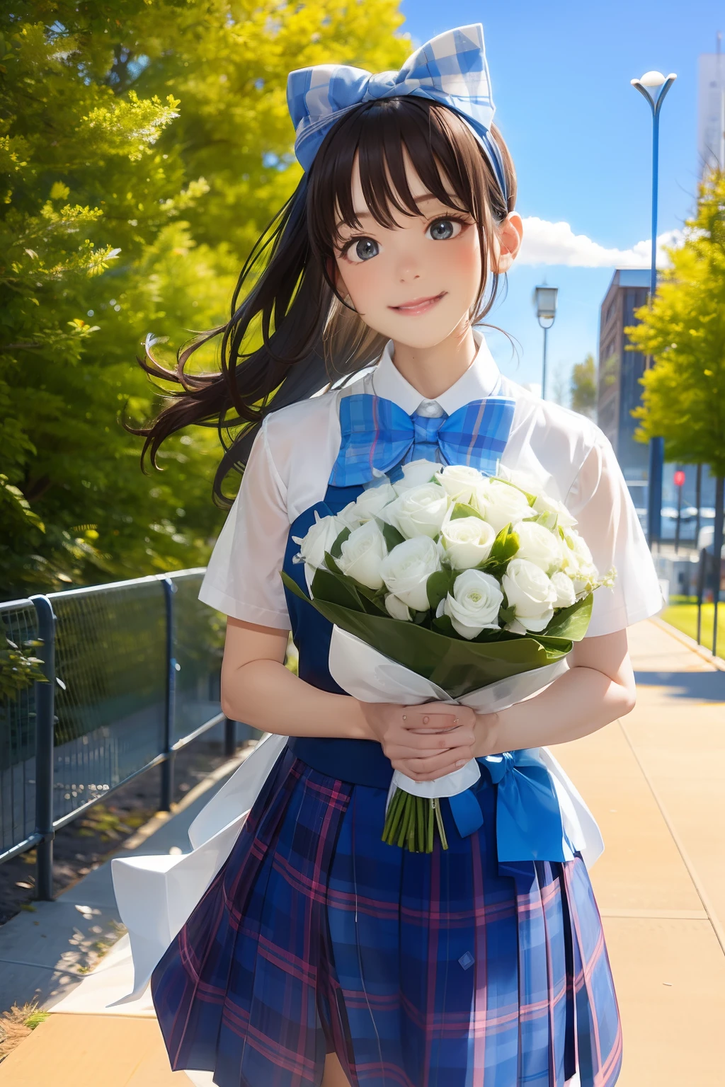 A girl,Wearing a blue plaid skirt,A bow is worn on his head,Holding a bouquet of white roses in both hands,Walk on the playground on campus