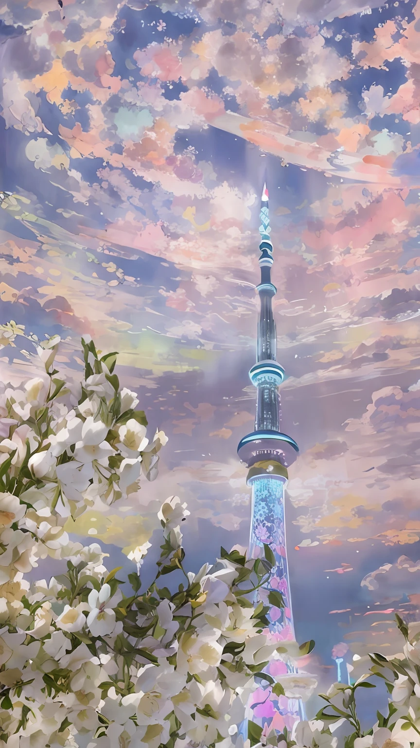 Alafid Tower with sky background and view of colored clouds, japan tokyo skytree, beautiful painting of a tall, anime beautiful peace scene, dreamy psychedelic anime, the flower tower, inspired by Matsuno Chikanobu, daytime ethereal anime, heavenly colors, tokyo background, japanese fantasy, tokio futuristic in background, beautiful anime scenes