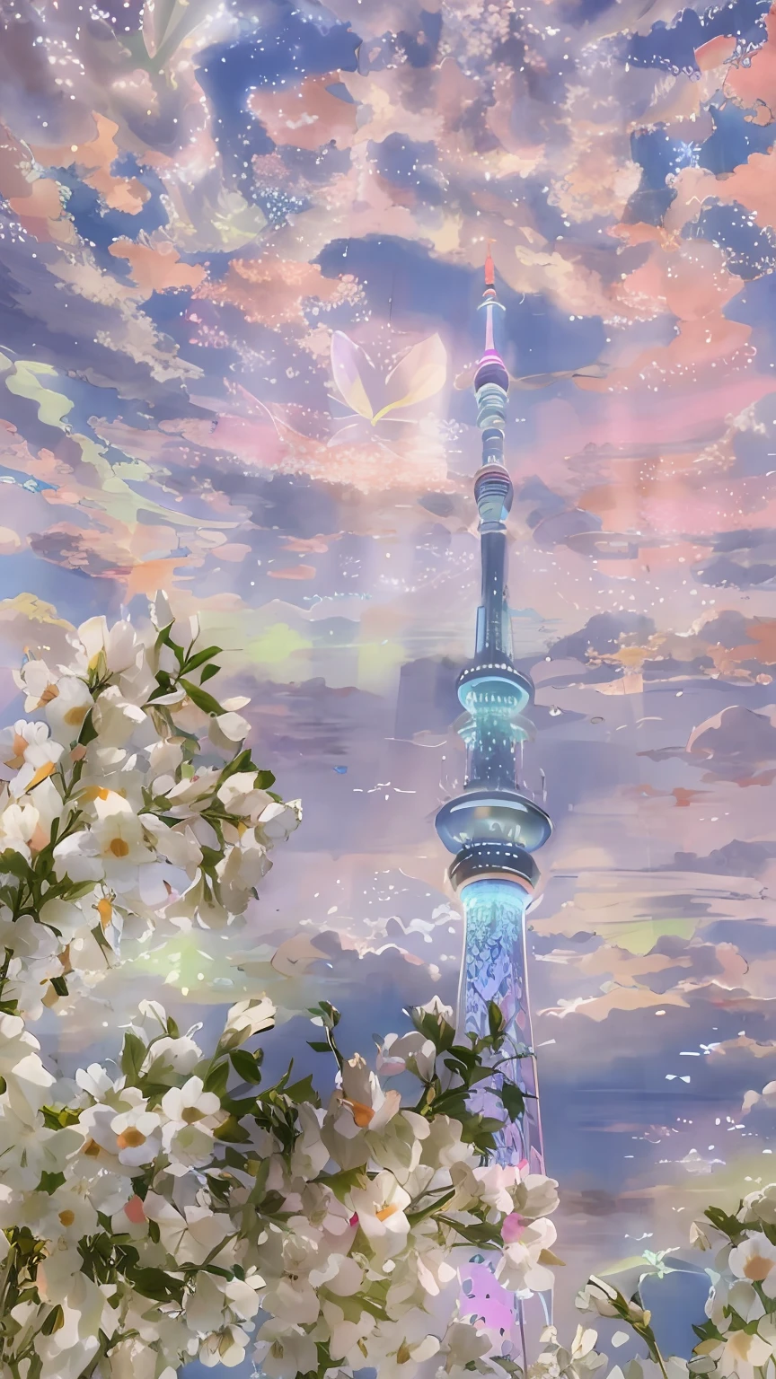 Alafid Tower with sky background and view of colored clouds, japan tokyo skytree, beautiful painting of a tall, anime beautiful peace scene, dreamy psychedelic anime, the flower tower, inspired by Matsuno Chikanobu, daytime ethereal anime, heavenly colors, tokyo background, japanese fantasy, tokio futuristic in background, beautiful anime scenes