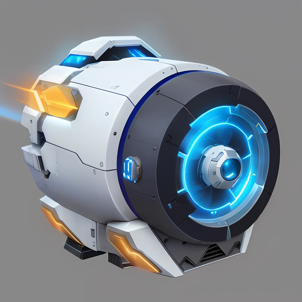 a close up of a futuristic looking object with a blue light,Strong metallic texture,Reflective,Mirror-like reflection, luminous scifi engine, game assets, mobile game asset, video game assets, 3 d icon for mobile game, game icon asset, round robot, video game assets, 3d game object, Laser cannon, cartoon fantasy spaceship, 2d game asset, sci - fi equipment, cryo engine