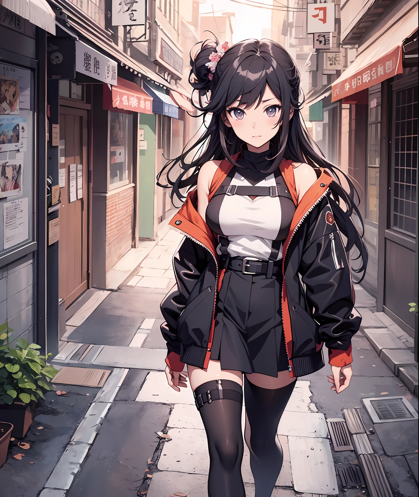 (masterpiece, best quality), anime girl in uniform walking down a city street, an anime drawing by Kamagurka, pixiv, shin hanga, marin kitagawa fanart, official artwork, seductive anime girl, from the azur lane videogame, misato katsuragi, high detailed official artwork, official art, anime style illustration, anime moe artstyle, anime style 4 k