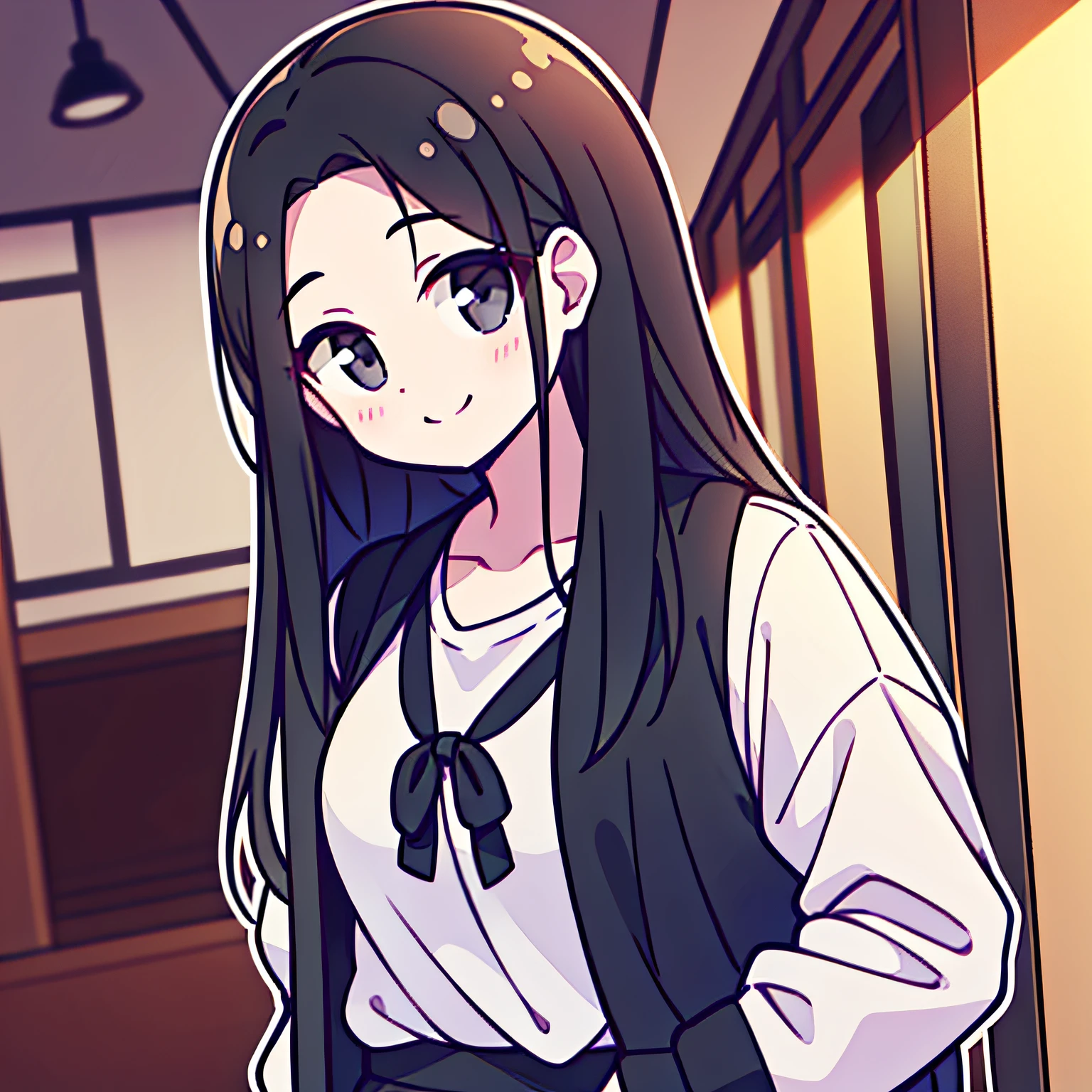 a pregirl,black hair longhair,ssmile,Black colored eyes,everyday clothes