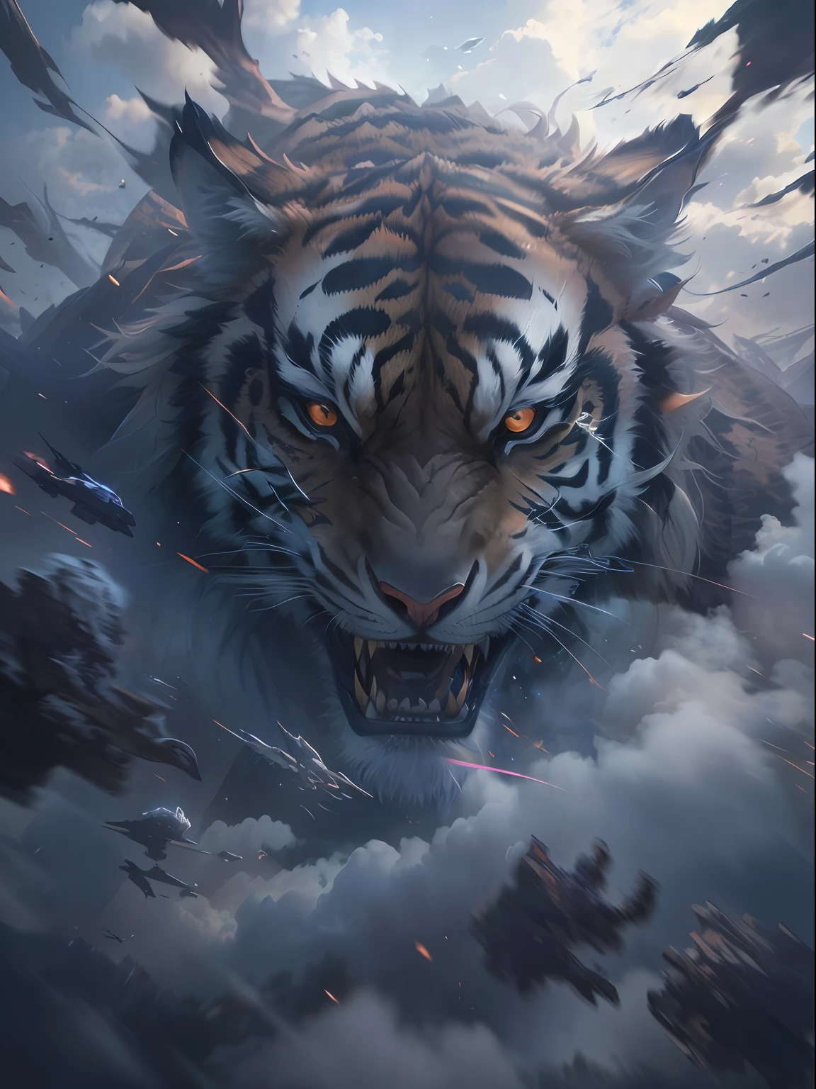 Tiger in clouds with sky background, 4k highly detailed digital art, tiger of fire flying, 4K detailed digital art, trending on artstation 4k, fierce expression 4k, Tiger_beast, highly detailed vfx portrait of, Movie 4K wallpaper, Movie 4K wallpaper, epic digital art illustration, 3 D rendering and mask painting There is a great white dragon with red eyes in the sky, a dragon made of clouds, cloud in the shape of a dragon, Dragon in the sky, chinese dragon concept art, dragons flying in the sky, dragons flying in the sky, giant dragon flying in the sky, by Yang J, drak, dragon portrait, ryujin, colossal dragon as background,