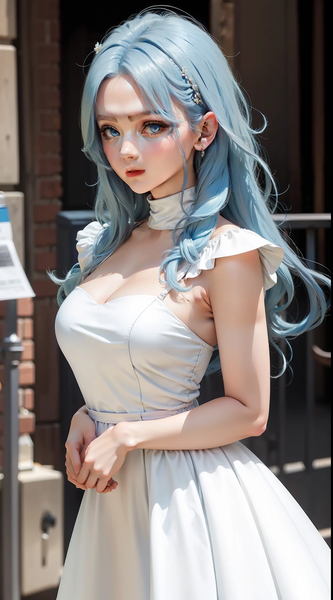 woman, Blue hair, Blue eyes, White dress