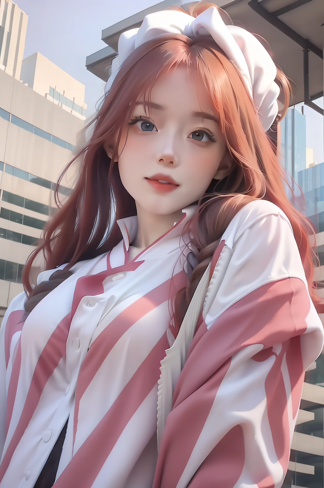 white clothes,White-colored skin,Pink Long Hair,red color eyes,Look up at the sky,A MILF,The upper part of the body,tmasterpiece,realisticlying,The details are clear