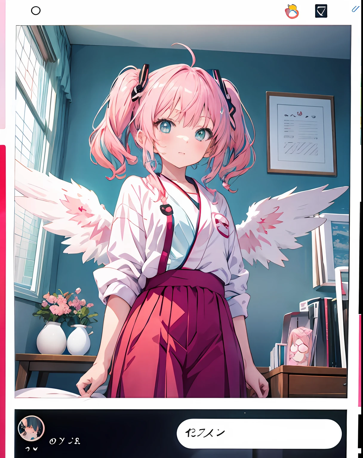 Anime girl in room with pink hair and angel wings, anime girl named lucy, in the anime film, pink twintail hair and cyan eyes, Today's featured anime stills, still from tv anime, screenshot from the anime film, anime movie screenshot, anime screenshot, Sakura Kinomoto, screenshot from guro anime, anime best girl