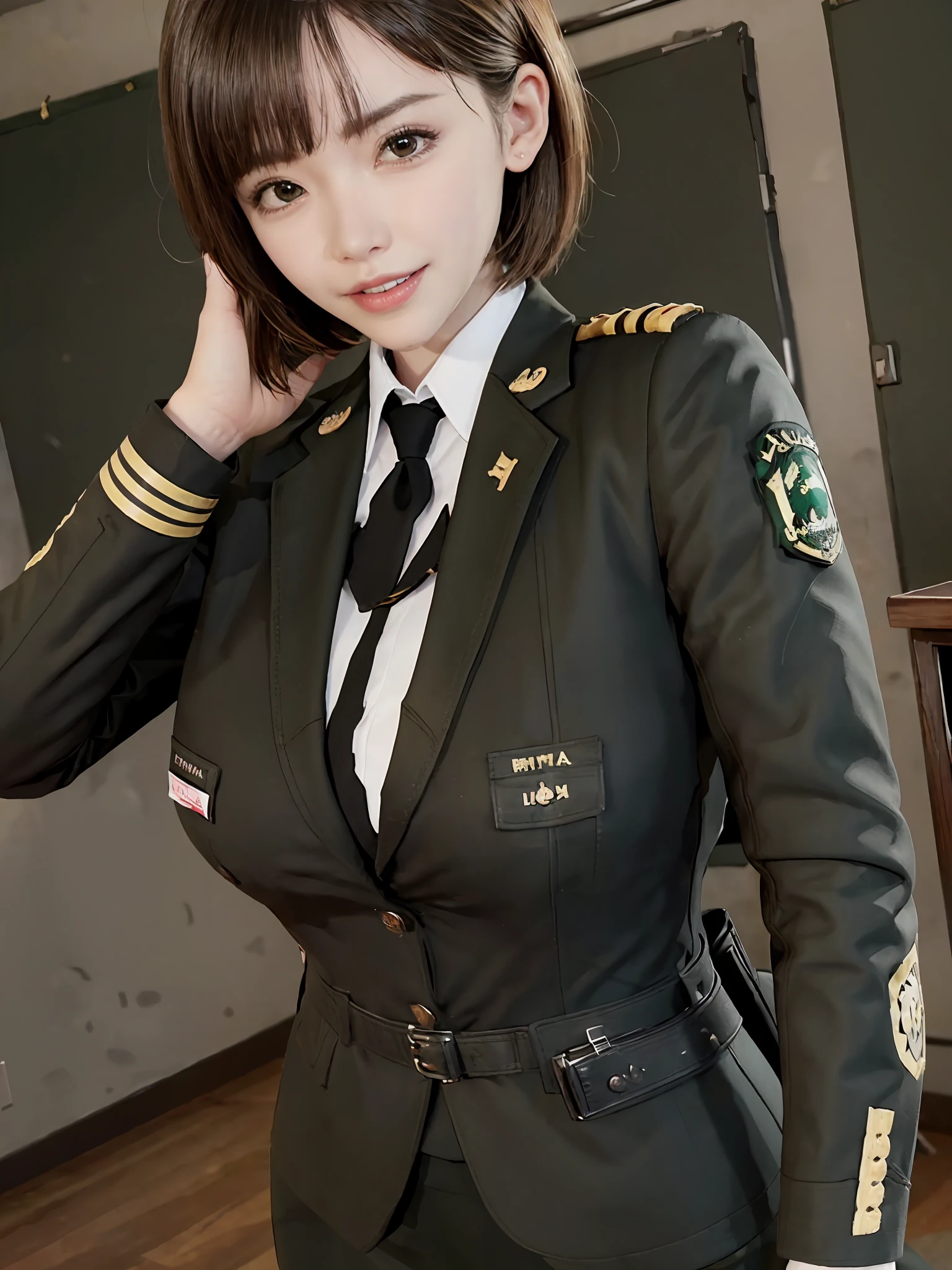 Very detailed CG unity 8K wallpaper，（tmasterpiece），（best qualtiy），（ultra - detailed），（Ultra photo realsisim），（best character detail：1.36），Nikon D750 f / 1.4 55mm，profesional lighting， physically-based renderingt, 1girll, Female soldier，army suit，Green military uniform，Fabric texture military uniform，Pure white lining，Dark green tie，Black hair，the golden ratio,[:(com rosto detalhado:1.2):0.2]:,PureErosFace_V1, broad shoulder,(Bigchest:1.5),(big assa:1.5)，Soaked with sweat，Place your hands on your chest，red flags，At the cafe，Splendid scenery，bright sun，upper body photos，Flag of China，A bright smile，White teeth，lighting，Contre-Jour，