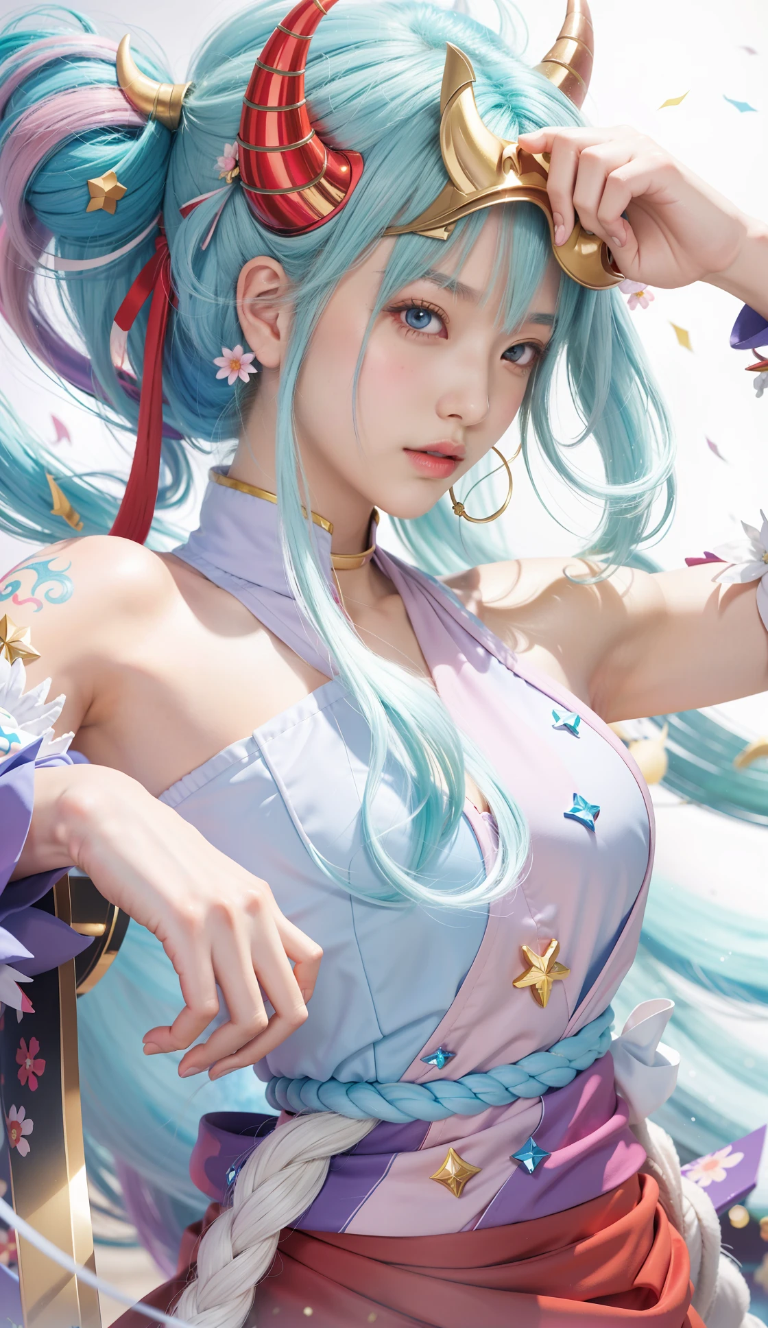 Close-up of a man in a hat and a sword, Anime girl with white hair, (There are red horns on the head), Official artwork, macross frontier splash art, rossdraws pastel vibrant, knights of zodiac girl, dreamy psychedelic anime, macross frontier, Detailed key anime art，Eiichiro Oda，author：Our Monday Lang，Inspired by Masanobu Omura，An anime cover，（One Piece，author：Tite Kubo，One Piece style)