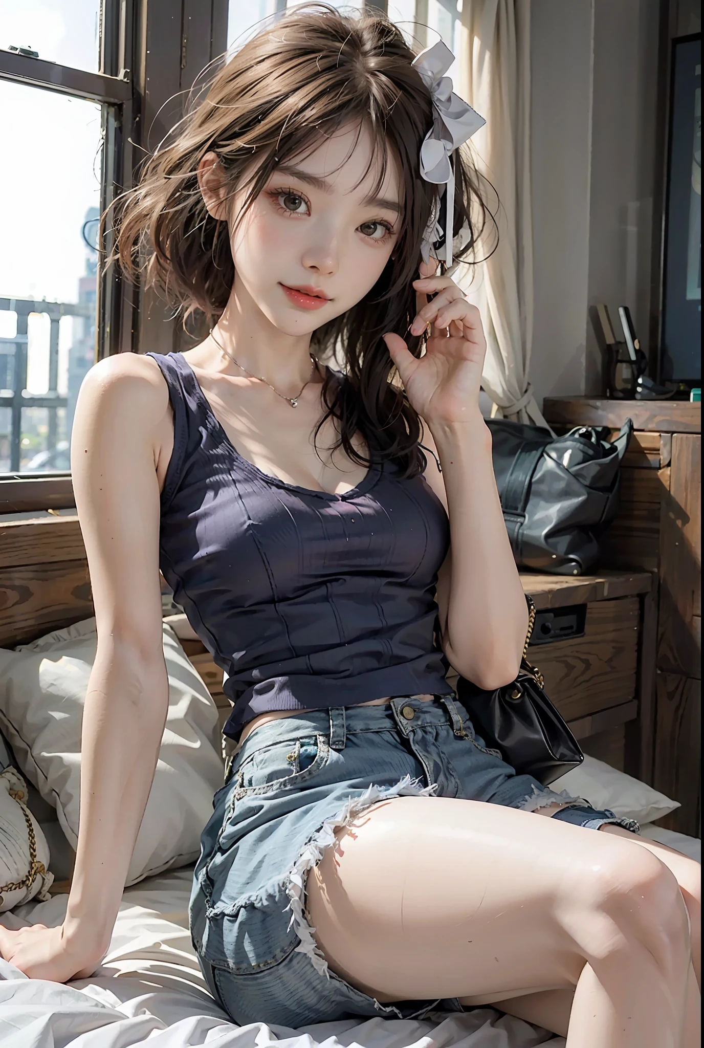 ((Medium hair))),best qualtiy,tmasterpiece,超高分辨率,(Fidelity:1.4),(Ultra photo realsisim), (A high resolution), (8K), bokeh:1.2, photography of, (RAW photogr:1.2), (realisticlying:1.4), (tmasterpiece:1.3), (complexdetails:1.2), 1girll, 独奏,full bodyesbian, asiagirl,((long leges)) ,delicated, beautifuldetails, (Detailed eyes), (detailedfacialfeatures), petite, (((little breast))), skin tight, (looking_at_viewer), from_front, (being thin), (best qualtiy:1.4), (超高分辨率:1.2), cinematric light, (Extreme detail illustration), (Gloss on lips, best qualityer, 超高分辨率, depth of fields, Caustics, Wide lighting, naturalshadow, 85mm, f/1.4, ISO 200, 1/160s:0.75),1girll, 独奏, (((blue tanktop)))ssmile, 校服, choker necklace,