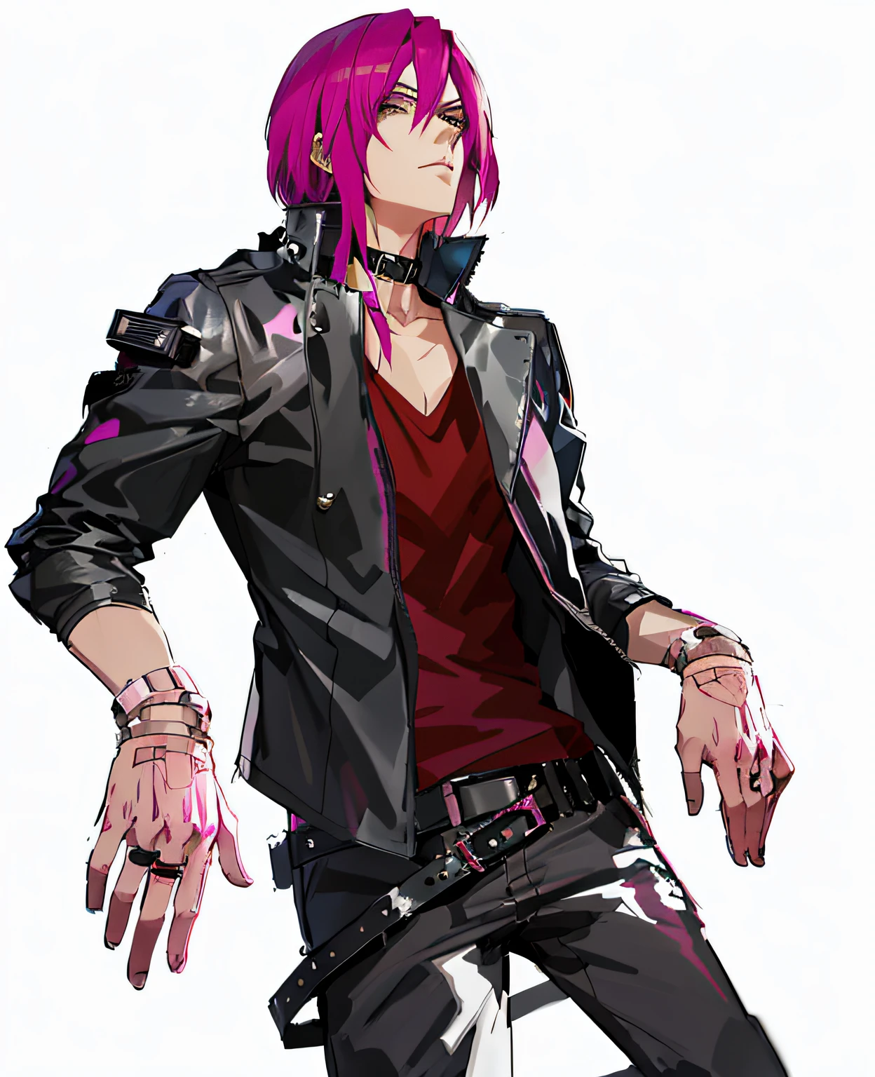 Anime - a stylish image of a man with pink hair and a leather jacket, male anime character, Handsome anime pose, official character art, Anime cyberpunk moderno, detailed anime character art, trigger anime artstyle, with pink hair, Digital cyberpunk anime art, cyberpunk character art, Cyberpunk dude