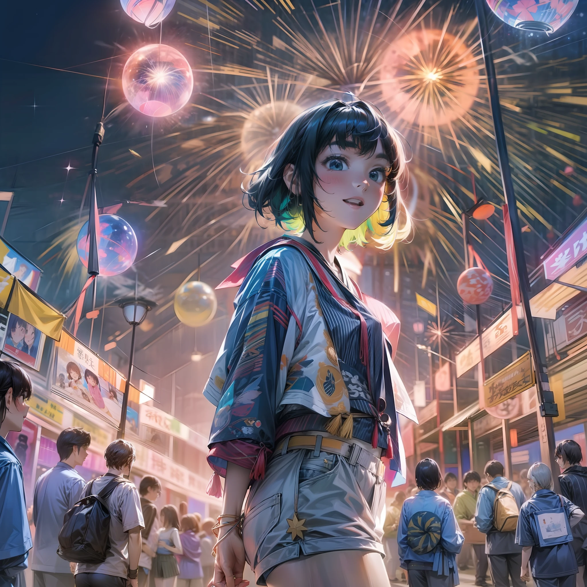 Render in 8K ultra-high resolution、Summer night view of Japan in the near future。Young man in the center of the screen、Active women are vividly depicted。Her hairstyle is a short cut with black hair that reflects the trend、some pink、Green grass、It has a yellow hologram color、Change color to match her expression。
Her outfit is contemporary yet futuristic。argent, Reflective tech crop top is her young々Shisu.々Energy-oriented、Underneath it is、There are cyberpunk-style transparent high-waisted shorts that highlight her movements.。White LED sneaker feet that make you feel the future、The lights change depending on her movements。
What she holds in her hands is、AI-controlled hologram drone。React to her facial expressions and movements.、Fly around happily。
Spread behind her is、Night sky with countless fireworks。each々Fireworks are precisely computer controlled、Each gives off a different color and shape。Huge fireworks spread across the sky、Small fireworks intersect intricately to form a web of light。Some of them have different flower shapes.、Some draw geometric patterns.。All these fireworks exploded at the same time.、The night sky is a magnificent scenery like a moving painting。
Underneath it is、Lined with stalls made with holographic technology、It's buzzing。At each street stall、Try the latest VR games、Enjoy the gastronomy of the future provided by AI。Festival liveliness and music、Eta、The sound of digital wind chimes swaying in the wind、Near future、Spice up summer nights even more。