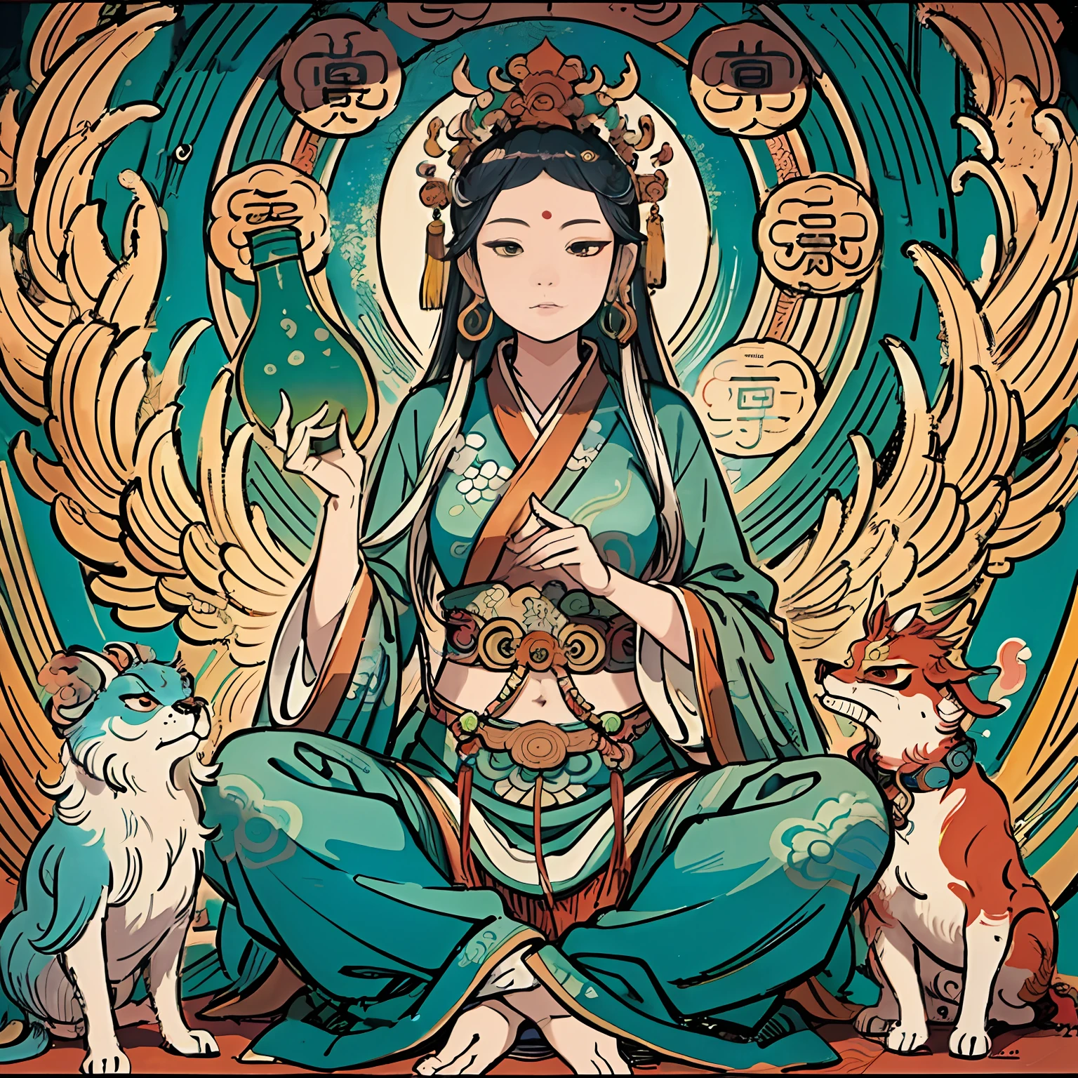 an ancient Chinese goddess, guanyin of the southern seas, Guanyin, Inspired by India, Avalokiteshvara rides a phoenix，,Serene expression,shui mo hua,Buddha,Buddhist,Lotus,Chinese painting style,Thangka style