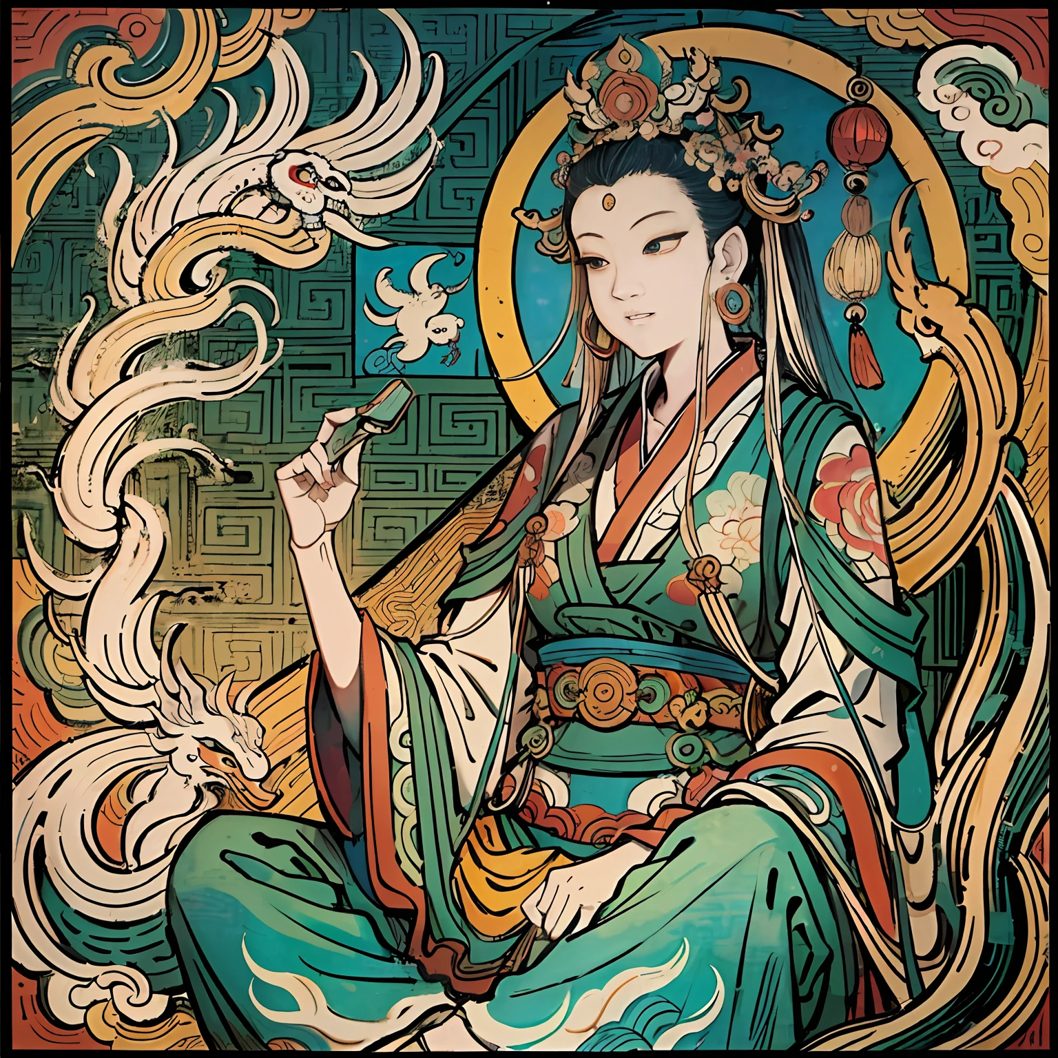 an ancient Chinese goddess, guanyin of the southern seas, Guanyin, Inspired by India, Avalokiteshvara rides a phoenix,,Serene expression,shui mo hua,Buddha,Buddhist,Lotus,Chinese painting style,Thangka style