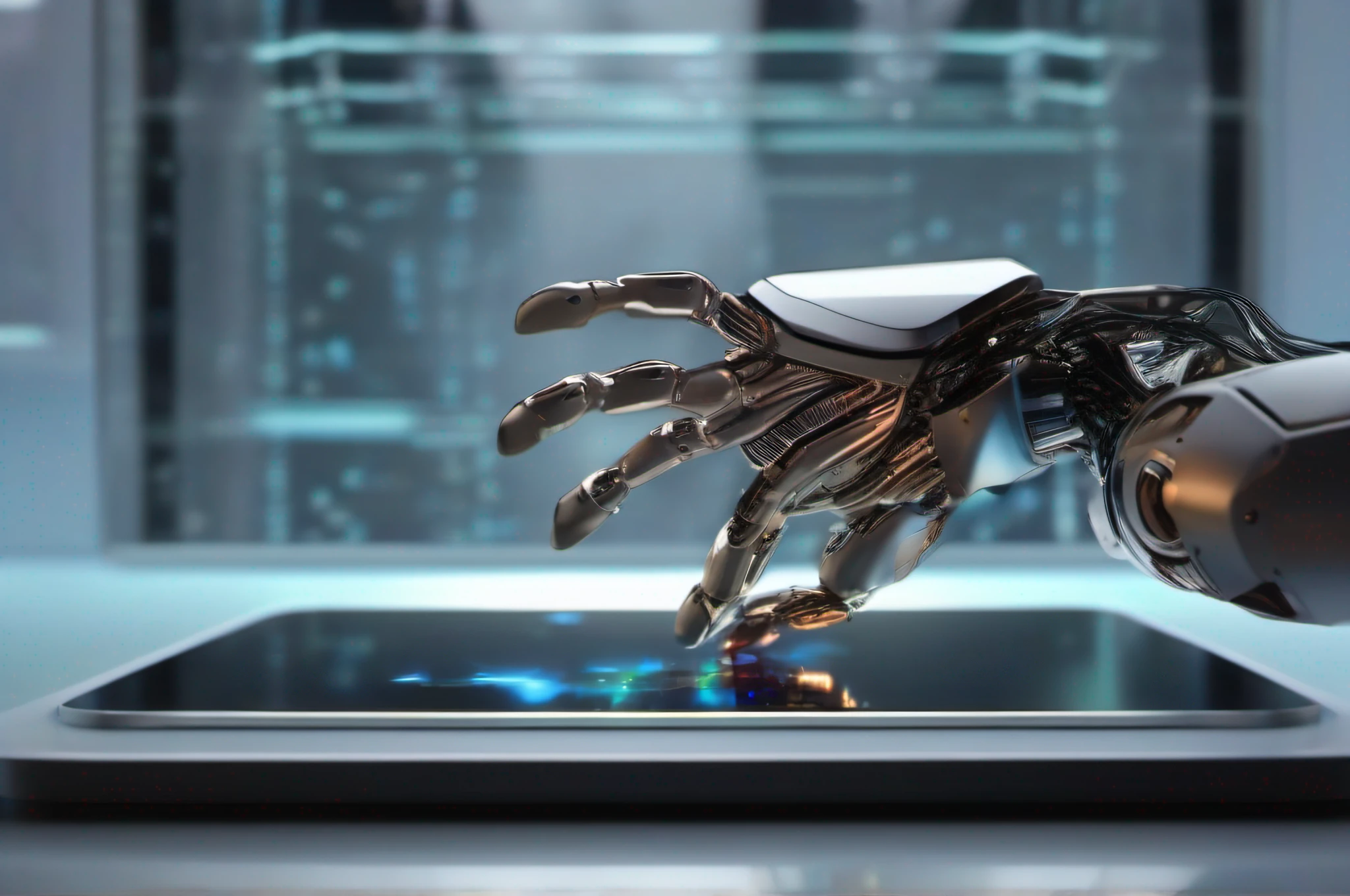 The robot touches the computer's huge transparent holographic display with its finger, superfine, 8K,   k hd, Depth of field, Nikon D850, Ultra-realistic, no contrast, sharp and clear focus, professional, No blurring