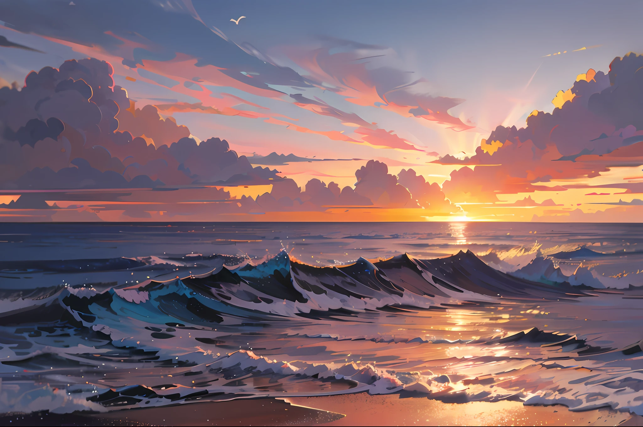 Absolutely mesmerizing sunset，The sky is mixed with orange、Pink and yellow。The sea is crystal clear，Kissing the shore tenderly，The scene is full of movement，breath-taking，Seagulls soar high in the sky，Palm trees sway gently。Soak up the calm atmosphere，Let tranquility envelop you，Water and sky，Floating light leaps gold