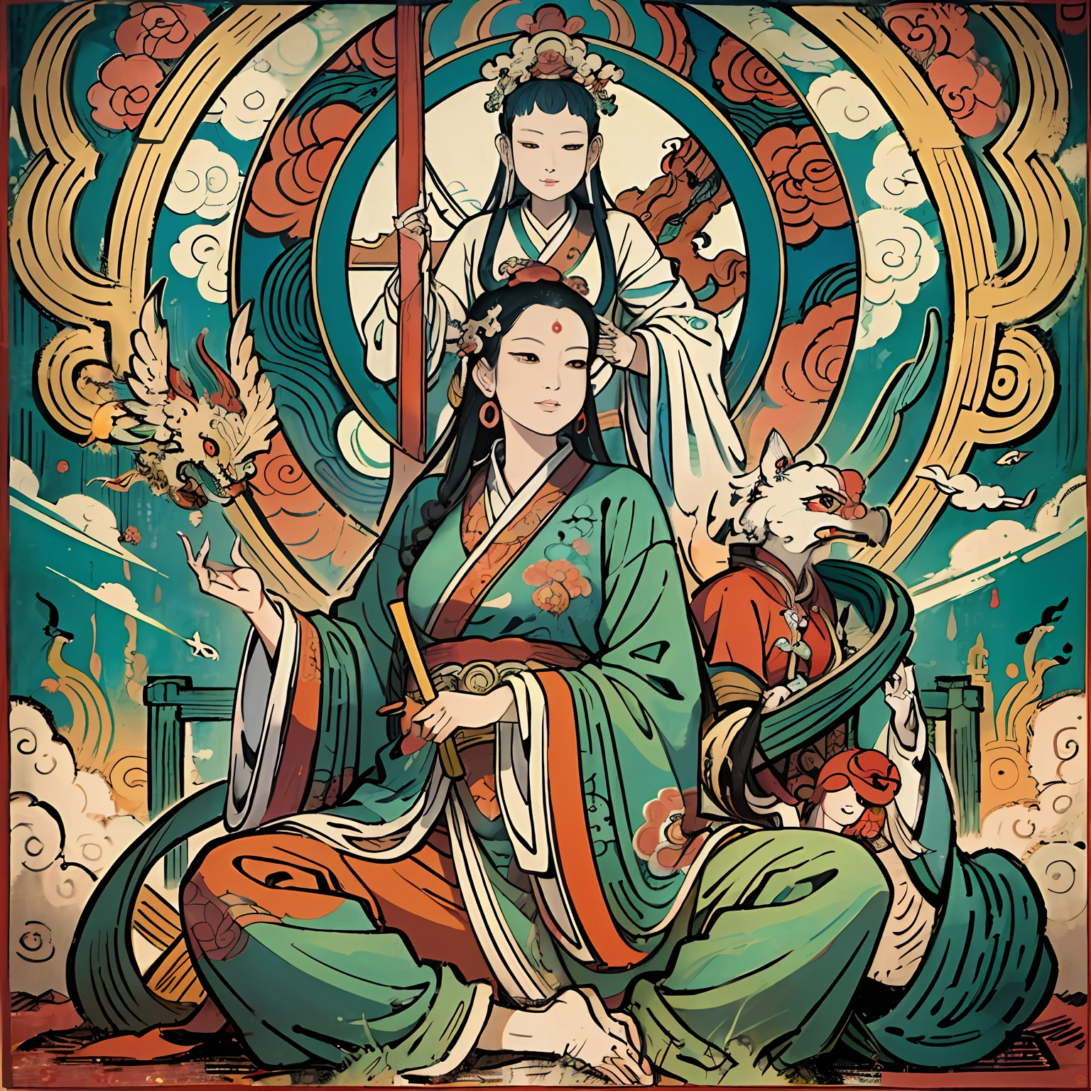 an ancient Chinese goddess, guanyin of the southern seas, Guanyin, Inspired by India, Avalokiteshvara rides a phoenix，,Serene expression,shui mo hua,Buddha,Buddhist,Lotus,Chinese painting style,Thangka style