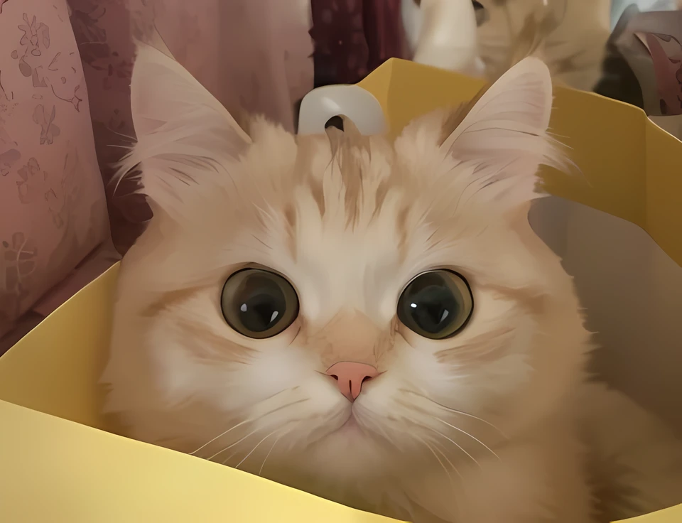 there is a cat that is sitting in a bag, with a big head,Big eyes, with cute doting eyes, adorable big eyes, Huge surprised eyes, big round cute eyes, largeeyes, A cute cat, very large eyes!, adorable big eyes, looks surprised, Kawaii cat, Cute cat, Big cute eyes, it has a piercing gaze