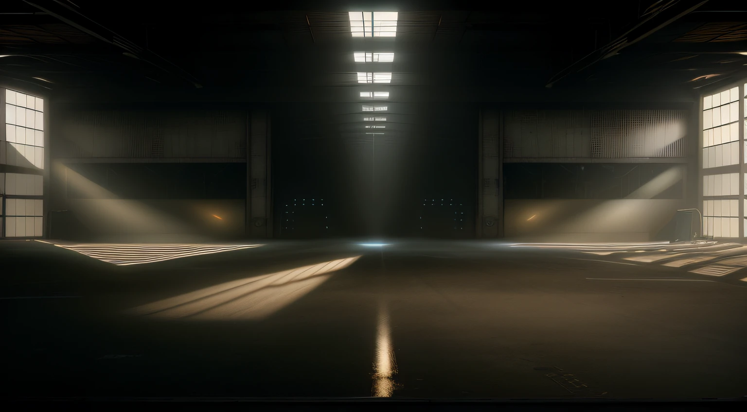 Alafed's empty warehouse，Light comes in through the windows, empty warehouse background, [[empty warehouse]] Background, dark hangar background, gray warehouse background, dark industrial background, lightshafts and foggy atmosphere, dark industrial atmosphere, industrial lighting, dark warehouse, inside futuristic hangar, industrial space, Factory background, movie industrial lighting, Futuristic dramatic lighting, industrial background