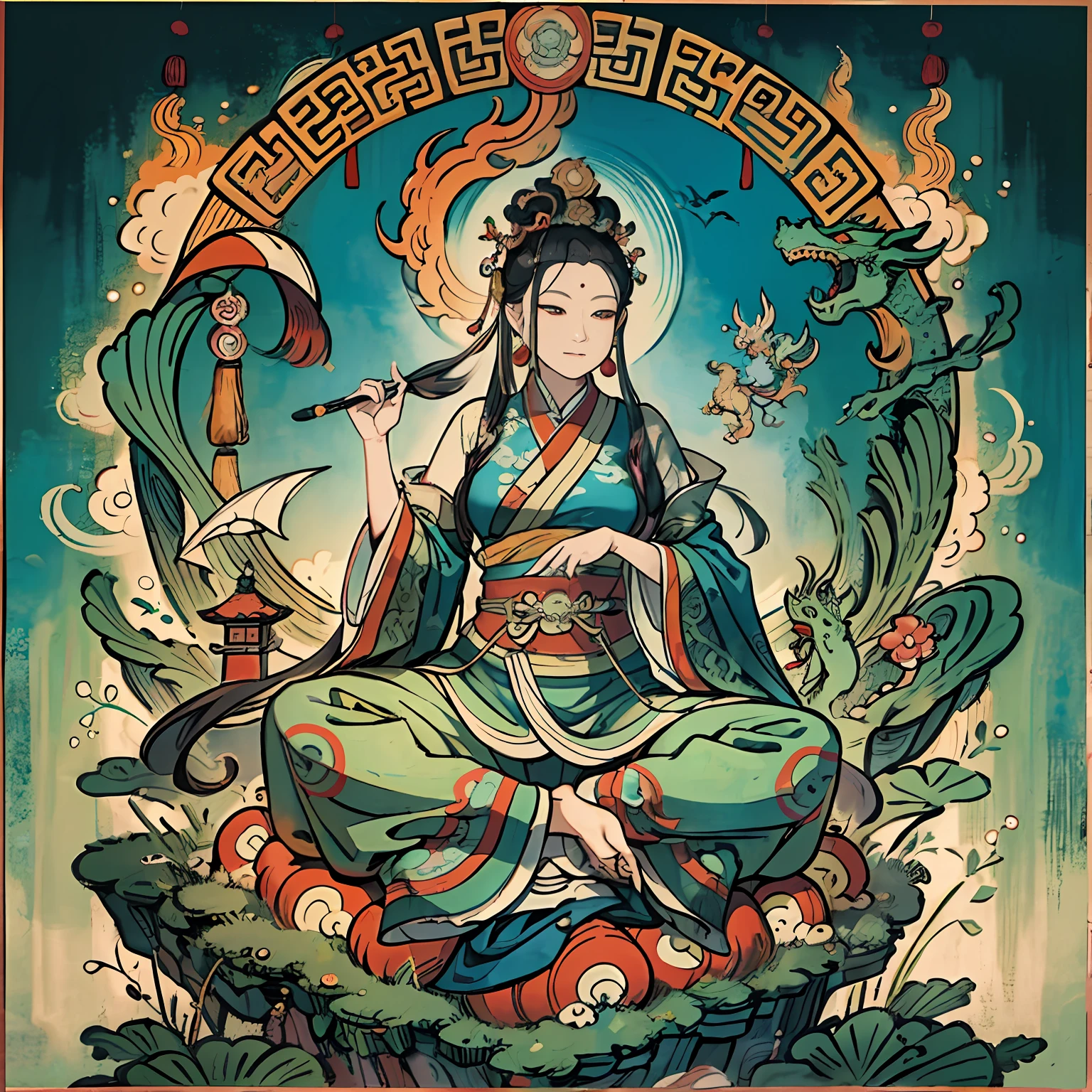 an ancient Chinese goddess, guanyin of the southern seas, Guanyin, Inspired by India, Avalokiteshvara rides a dragon,,Serene expression,shui mo hua,Buddha,Buddhist,Lotus,Chinese painting style,Thangka style